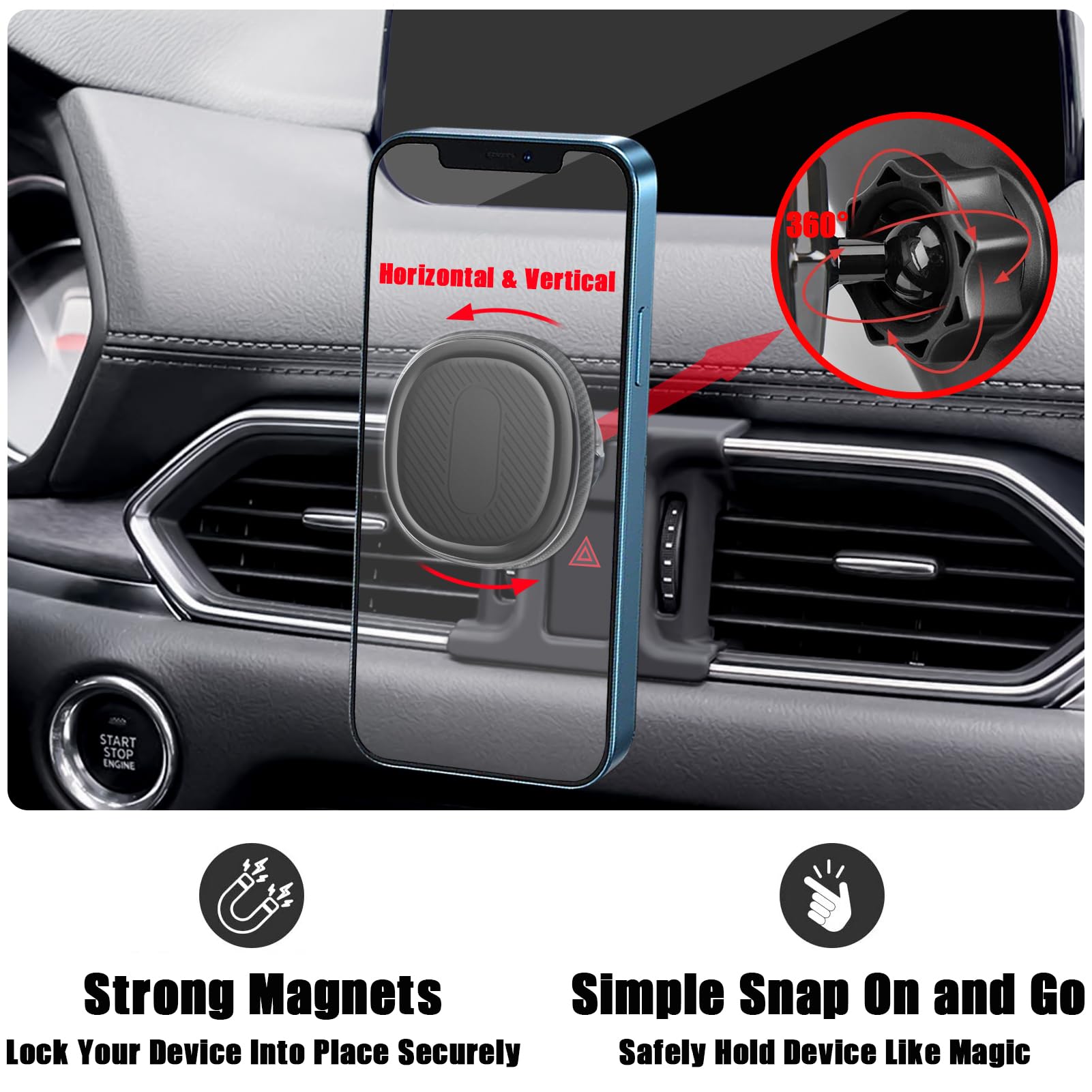 Mengfly Car Phone Holder, Magnetic Air Vent Mount for Mazda CX-5 (2017-2024), Compatible with iPhone & Samsung, Black