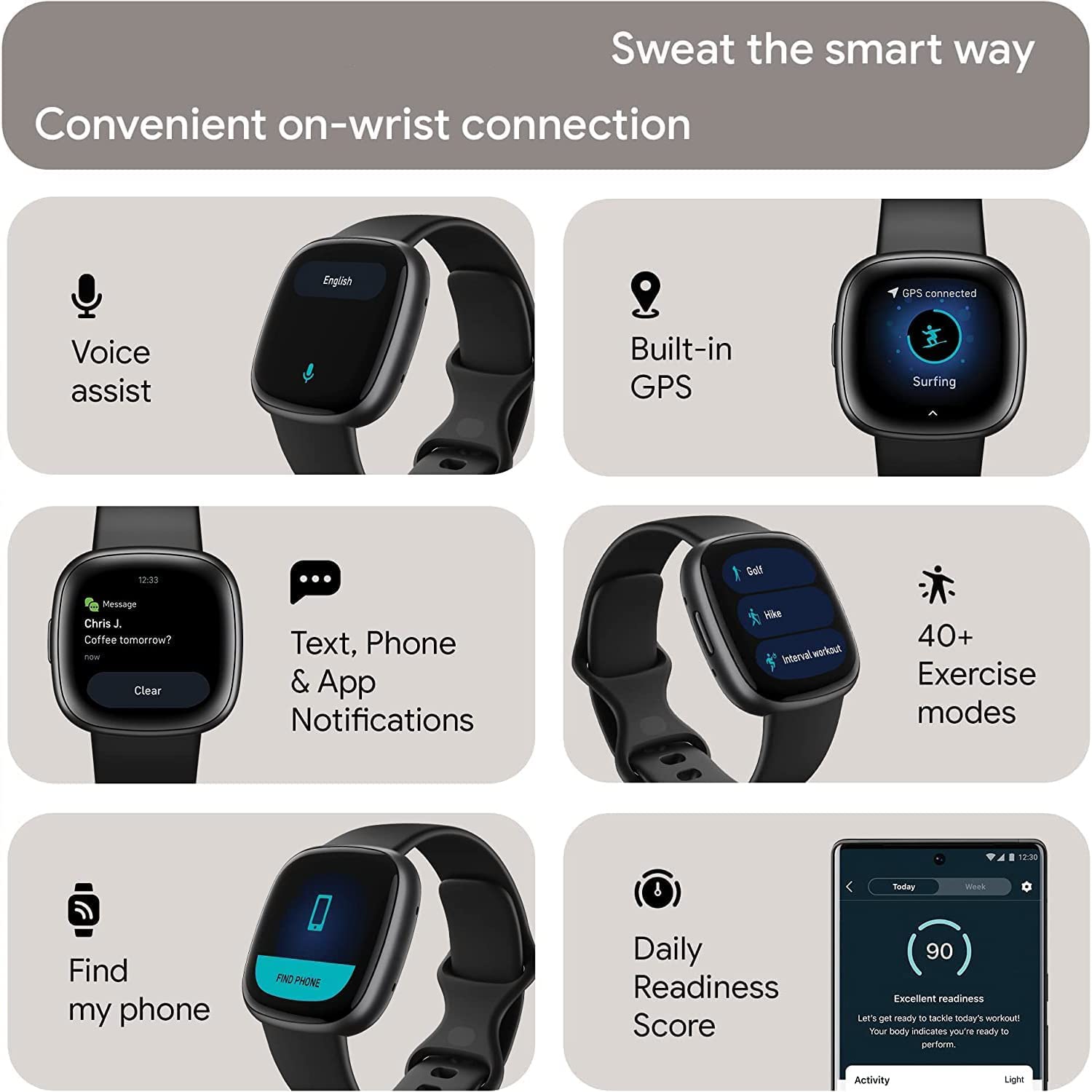 Fitbit Versa 4 Health And Fitness Smart Watch (Black/Graphite) With Built-In Gps, 6 Day Battery Life, S & L Bands, Bundle With 3