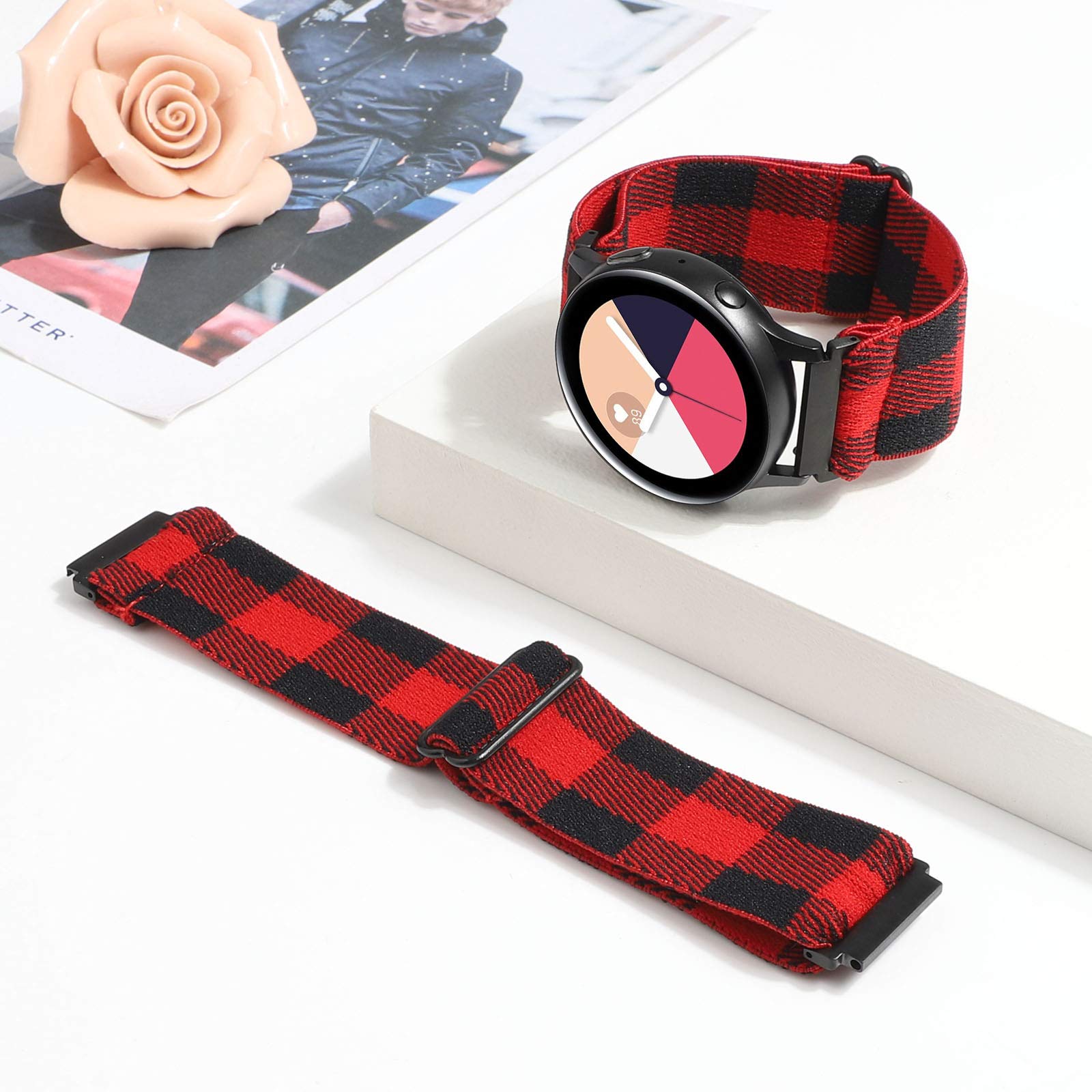 Elastic Bands For Galaxy Watch 4 Band 40Mm/44Mm Classic 42Mm/46Mm 20Mm Stretchy Wristband Strap For Samsung Galaxy Active 2 40Mm 44Mm/Galaxy Watch 42Mm/Watch3 41Mm/Gizmo Watch 2/1 (Red Buffalo Plaid)