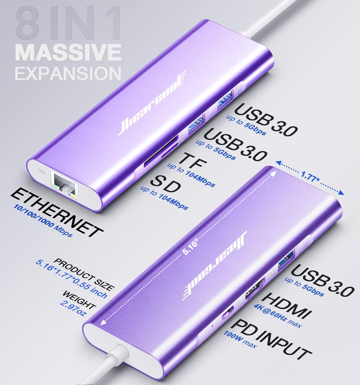 Hiearcool Usb C Hub, Usb C Ethernet Dongle 4K@60Hz Hdmi Multi Port Adapter, Usb C Docking Station Compatible For Macbook Dell Hp