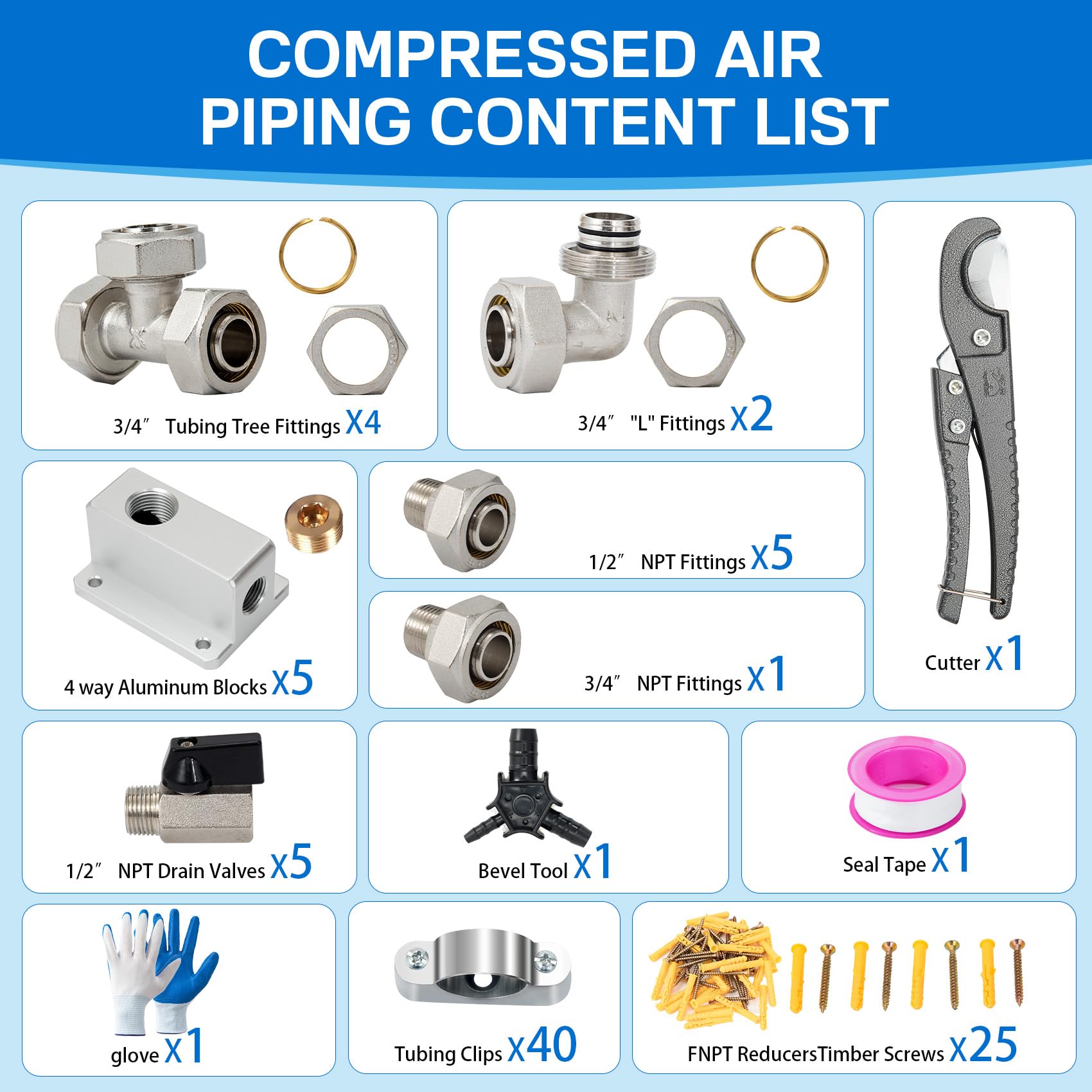 3/4''  100&200&300Ft Compressed Air Line Kit For Shop/Garage, Hdpe Aluminum Rapid Air System Includes Right Angle Fittings And T