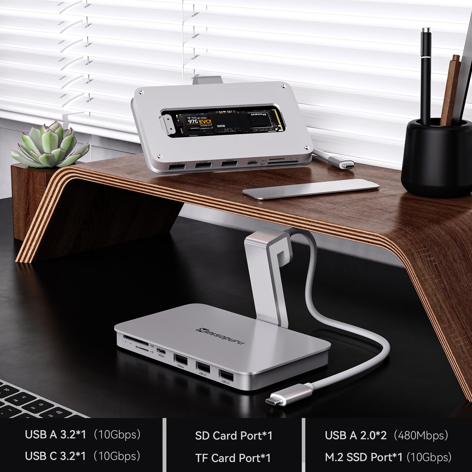 Minisopuru USB C Hub for iMac 2021/2023/2024 M1/M3/M4 with 10Gbps NVMe SSD Support Aluminum Silver