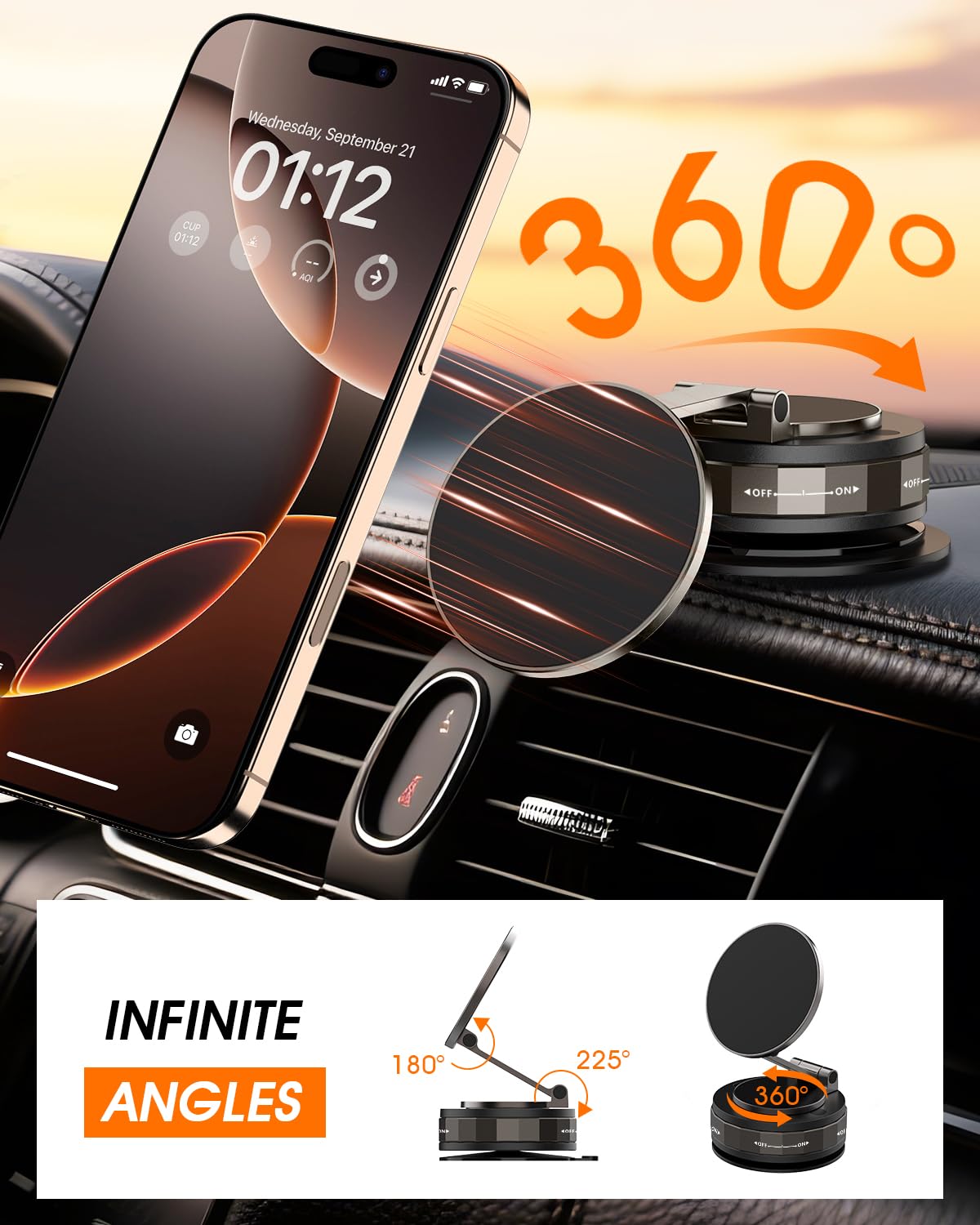 Yoozon For Magsafe Car Mount, Vacuum Strong Suction 2400Gf Magnetic Phone Holder, 360 Rotation Foldable Stand For All Smartphone