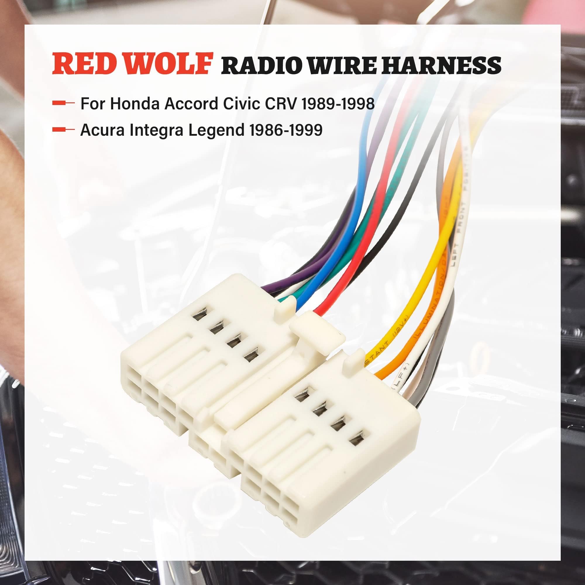 Red Wolf Car Stereo Reverse Wiring Harness Female Connector Compatible With Honda Accord Civic Crv 1989 1998, Acura Integra Legend 1986 1999 Replace Factory Oe Radio Wire Cable Plug 16 Pin