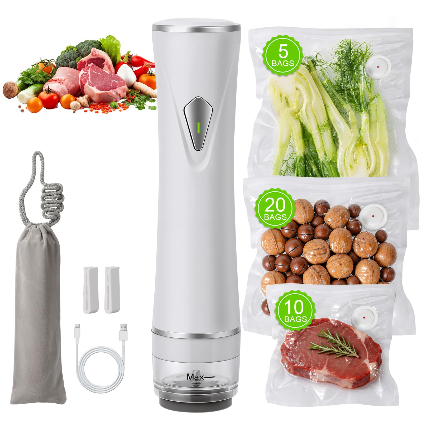 Compact Vacuum Sealer for Food (Vacuum Sealer Machine + 35 Reusable Vacuum Bags), Powerful Handheld Vacuum Sealer Machine, Seal 