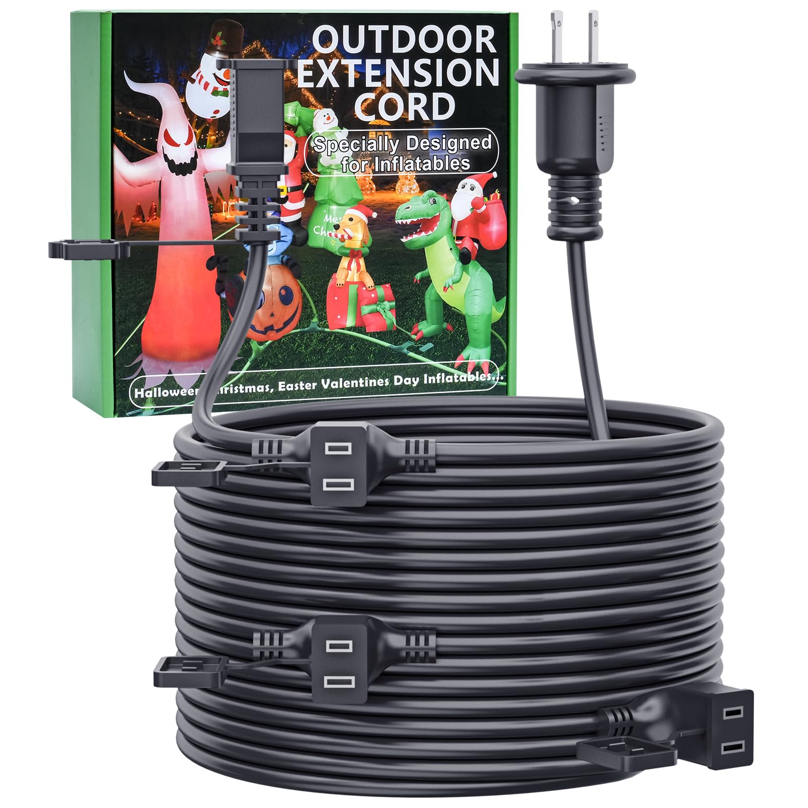 40Ft Outdoor Extension Extension Cord For Halloween Christmas Inflatables With Multiple Outlets Black Electrical Cord With Multi