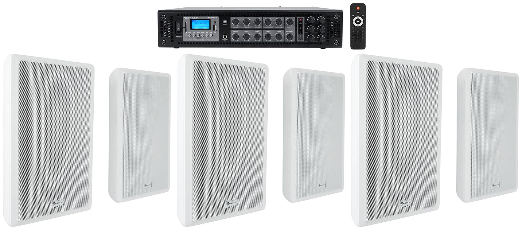 Rockville RCS180-6 Bundle: 180 Watt 6-Zone 70V Commercial Amplifier with Bluetooth, (6) RockSlim 70W White 5.25-in 70V Wall Spea