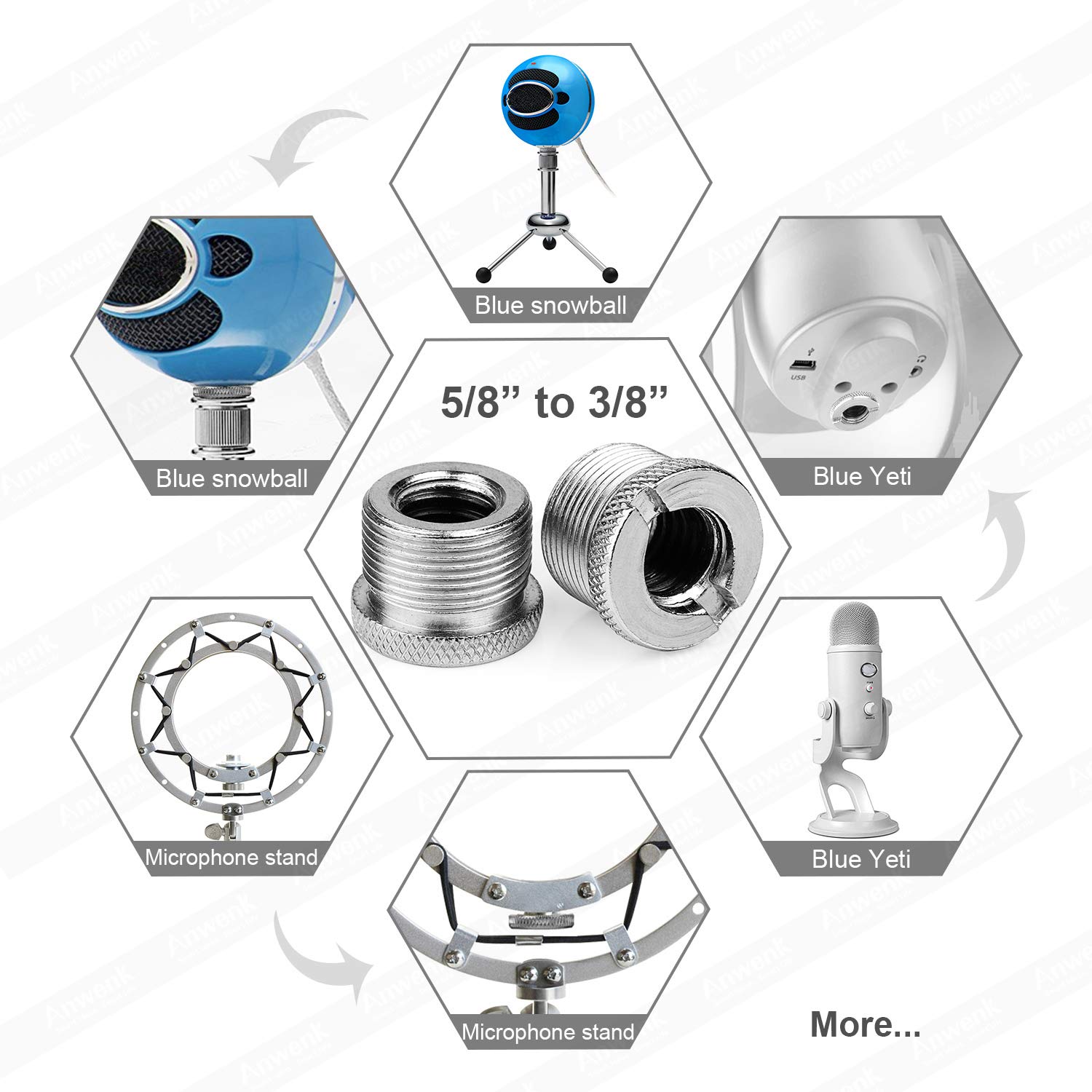 Anwenk Mic Stand Adapter 5/8 To 3/8 Adapter Male To Female Mic Screw Adapter Microphone Stand Adapter Compatible With Blue Yeti/