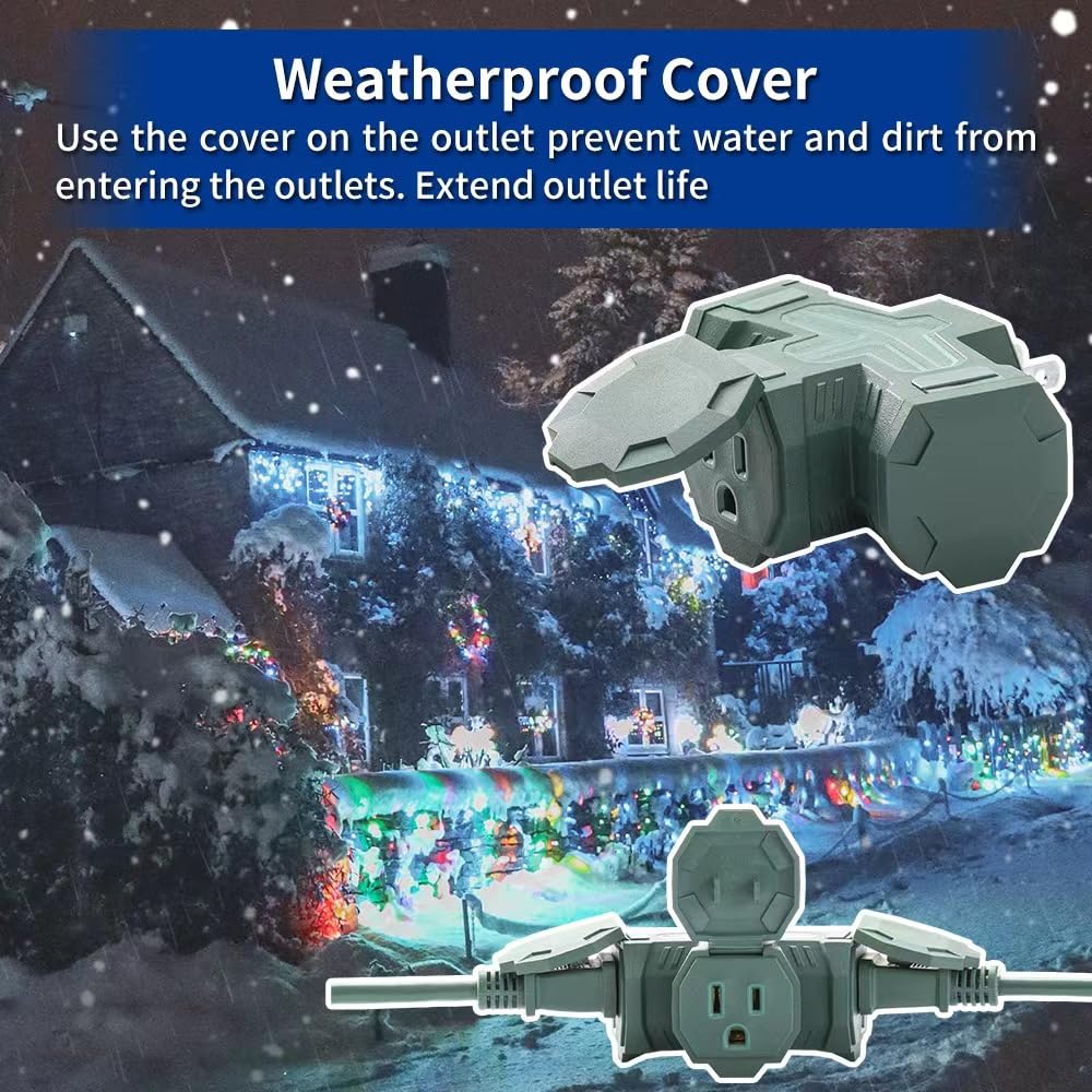 Outdoor Plug Outlet Splitter, 3 Way Outlets Power Extender With Safe Cover, Heavy Duty Waterproof Multi Plug Outlet For Holiday
