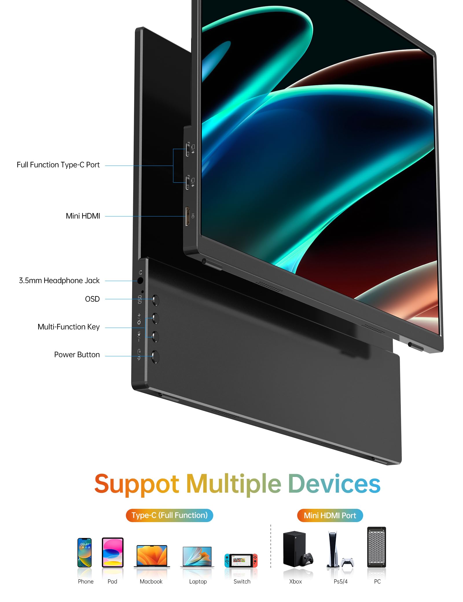 Wgk Portable Monitor 14 Inch Fhd1200P Ultra Slim For Laptop Monitor, Usb C Hdmi Plug&Play,100% Srgb External Monitor,Dual Speake