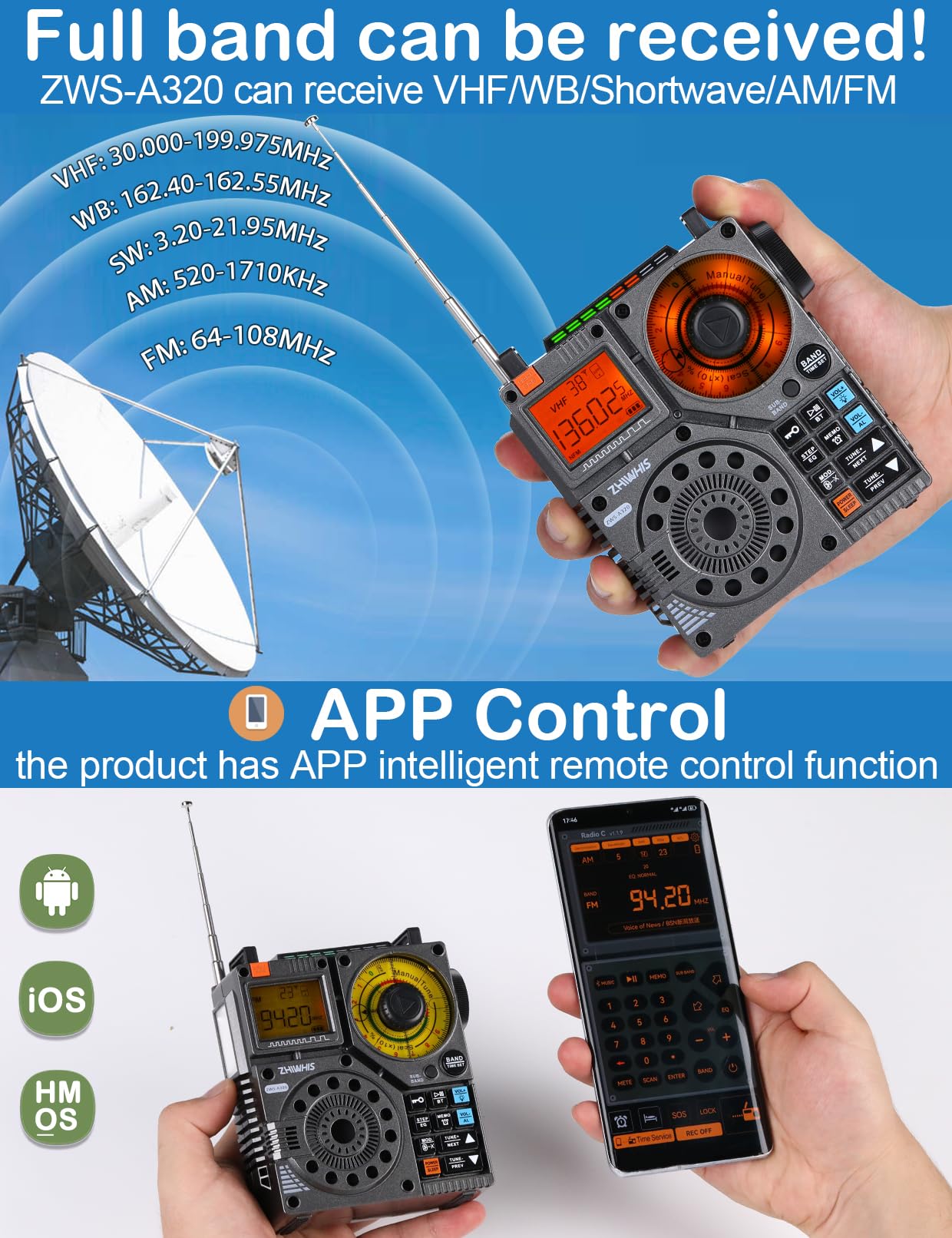 ZHIWHIS ZWS-A320 Portable Shortwave Radio AM FM VHF SW WB Bluetooth APP Control Recording Rechargeable Stereo Emergency Receiver