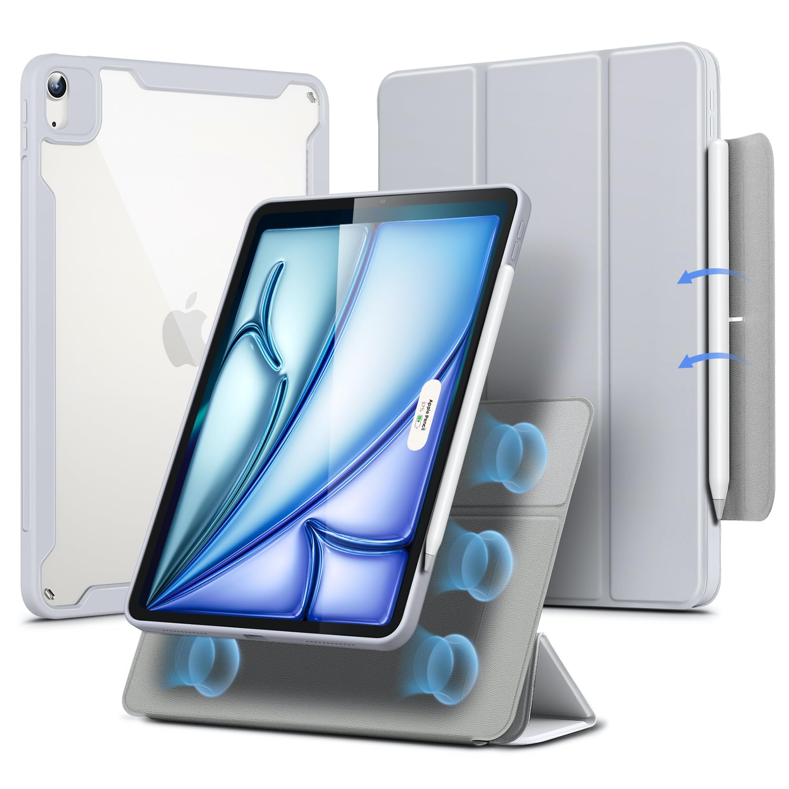 Esr For Ipad Air 11 Inch Case (2025) M3/M2, Ipad Air 7Th/6Th/5Th/4Th Generation Case (2024/2022/2020) 10.9 Inch With Pencil Holder, Removable Magnetic Cover, Vertical Stand, Rebound 360 Series, Grey