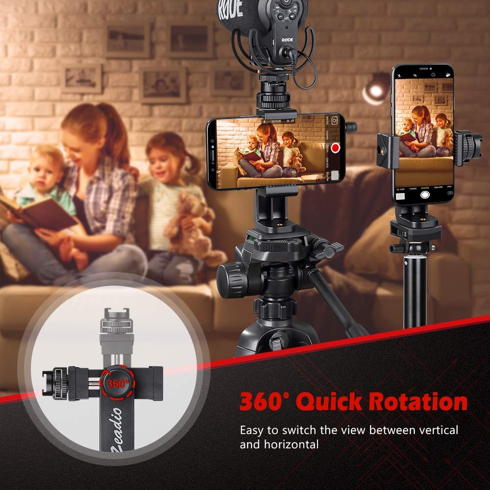 Zeadio Tripod Smartphone Mount, Cell Phone Holder Adapter Clamp With Cold Shoe Mount, Selfie Stick And Monopod Adjustable Clamp, Fits For All Iphone And Android Smartphones