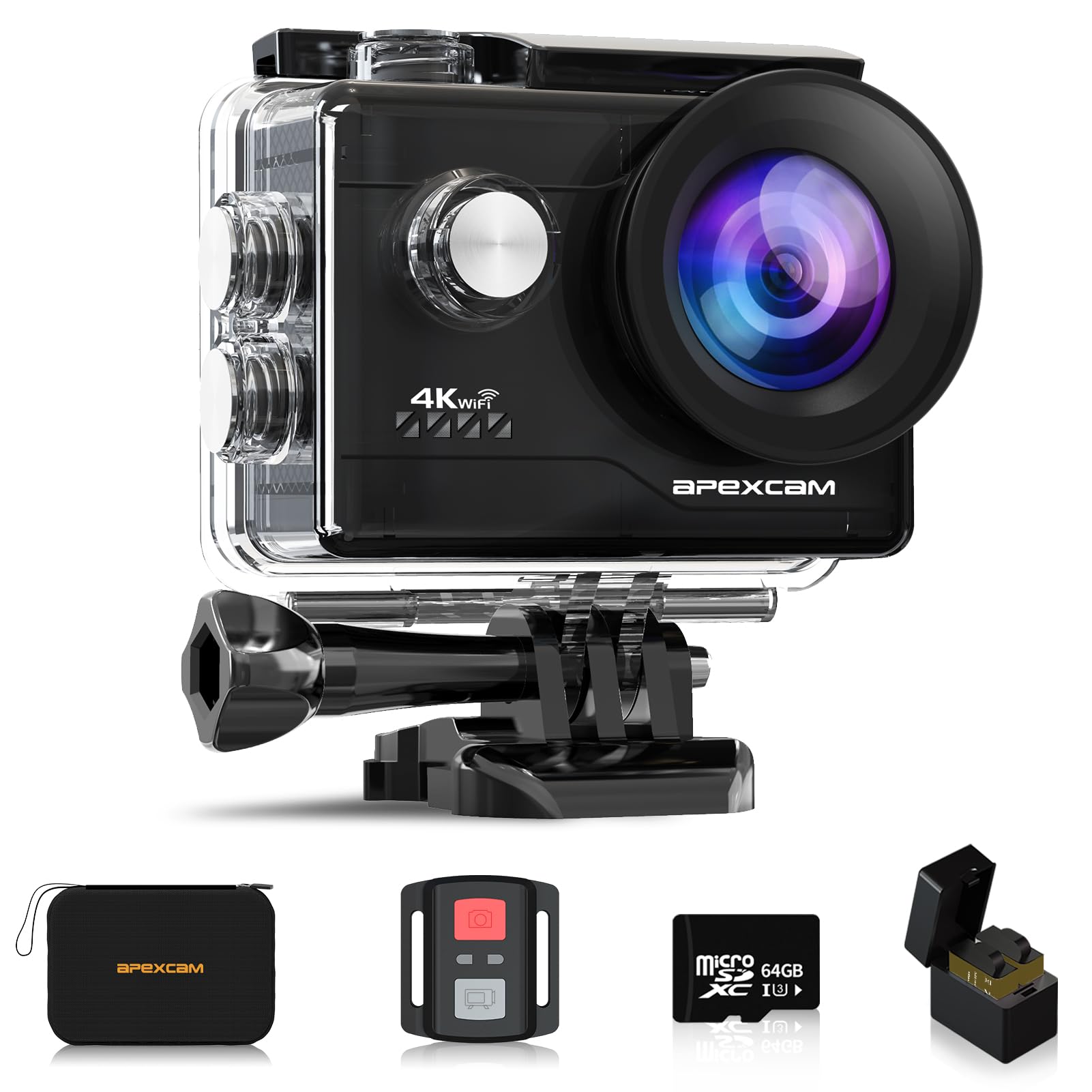 Apexcam Action Camera 4K With 64G Sd Card Sports Camera 20Mp 131Ft Waterproof Underwater Camera 170�Wide Angle Wifi Camera With 2.4G Remote Control, 2 Batteries, Mounting Accessories Kits