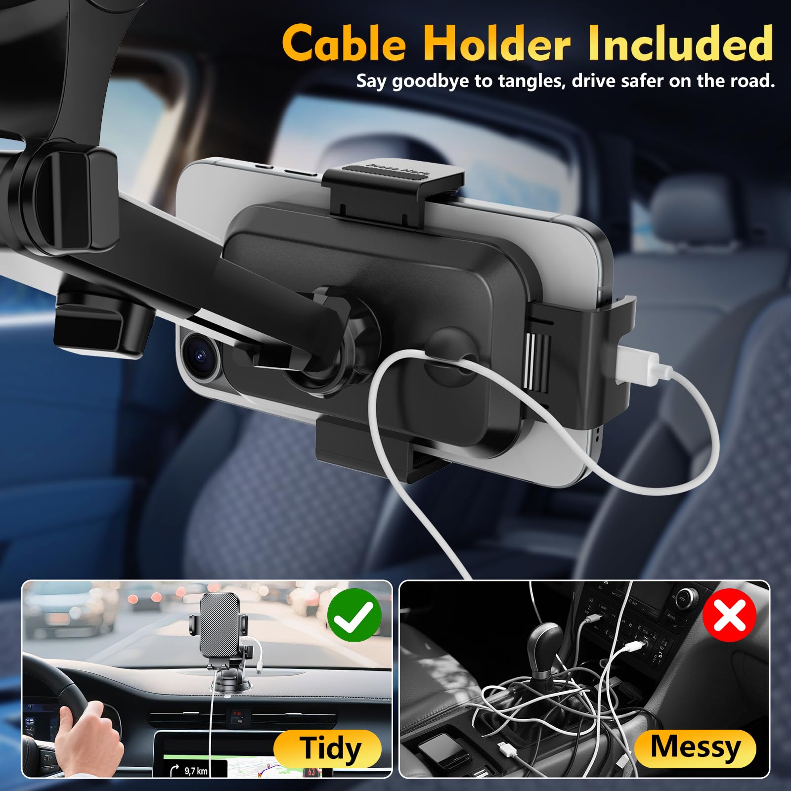 Phone Holders For Your Car 2025 Upgraded Military-Grade Strongest Suction & Stable Clamp Arm Car Phone Holder Mount 360Adjustabl