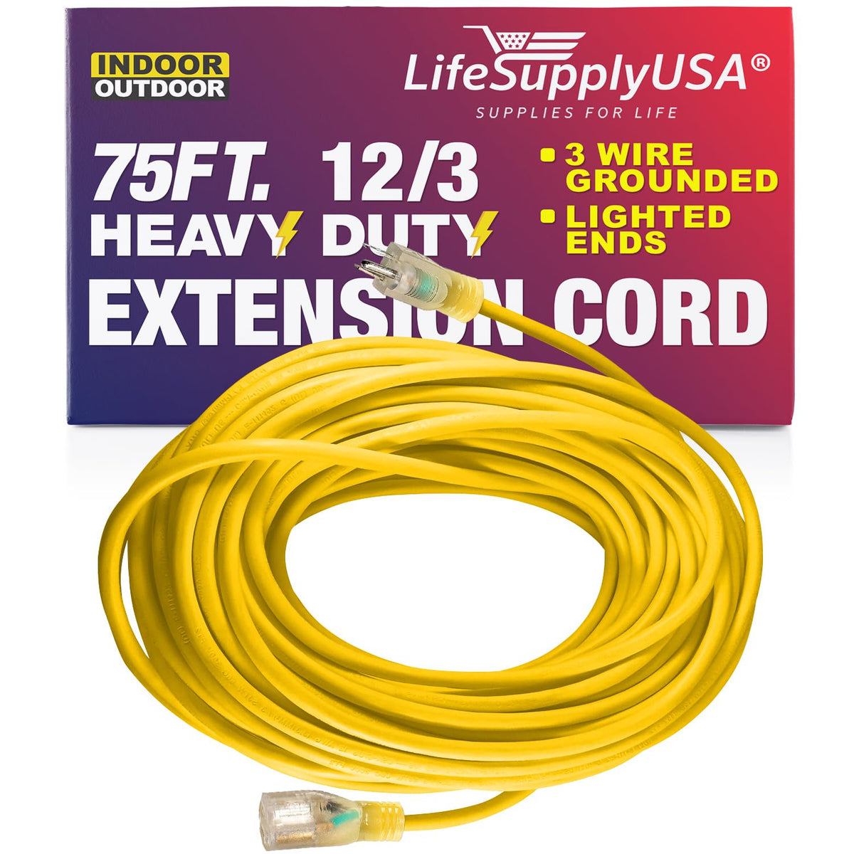 Lifesupplyusa Indoor Outdoor Extension Cord   75 Ft Long Power Extension Cable With Multiple Outlets, Lighted End   Heavy Duty 3
