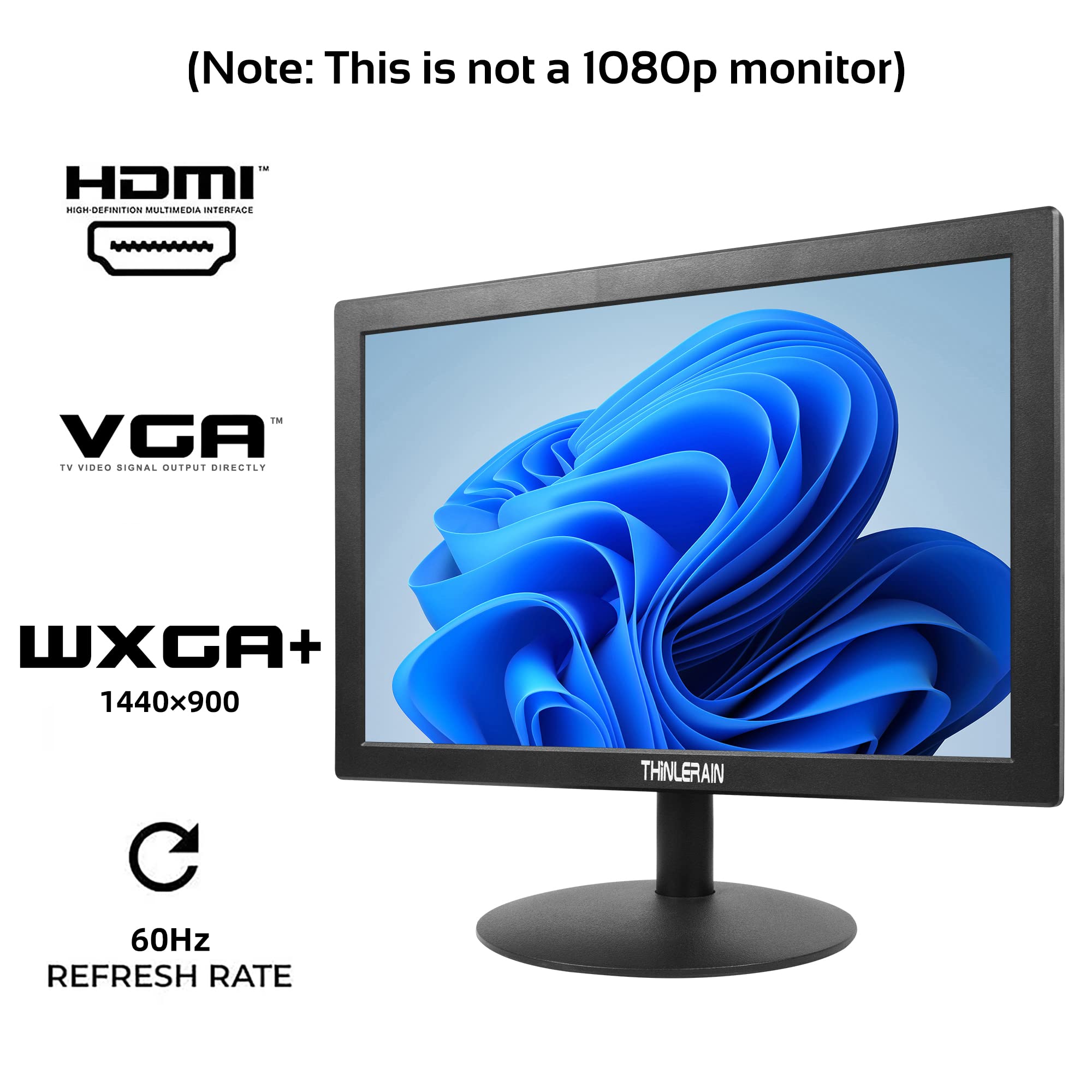 Thinlerain 15 Inch Pc Monitor Desktop Monitor With 1440  900, Small Monitor With 16:10 Led Monitor, Tft Panel, 60 Hz, 5Ms, Vga,