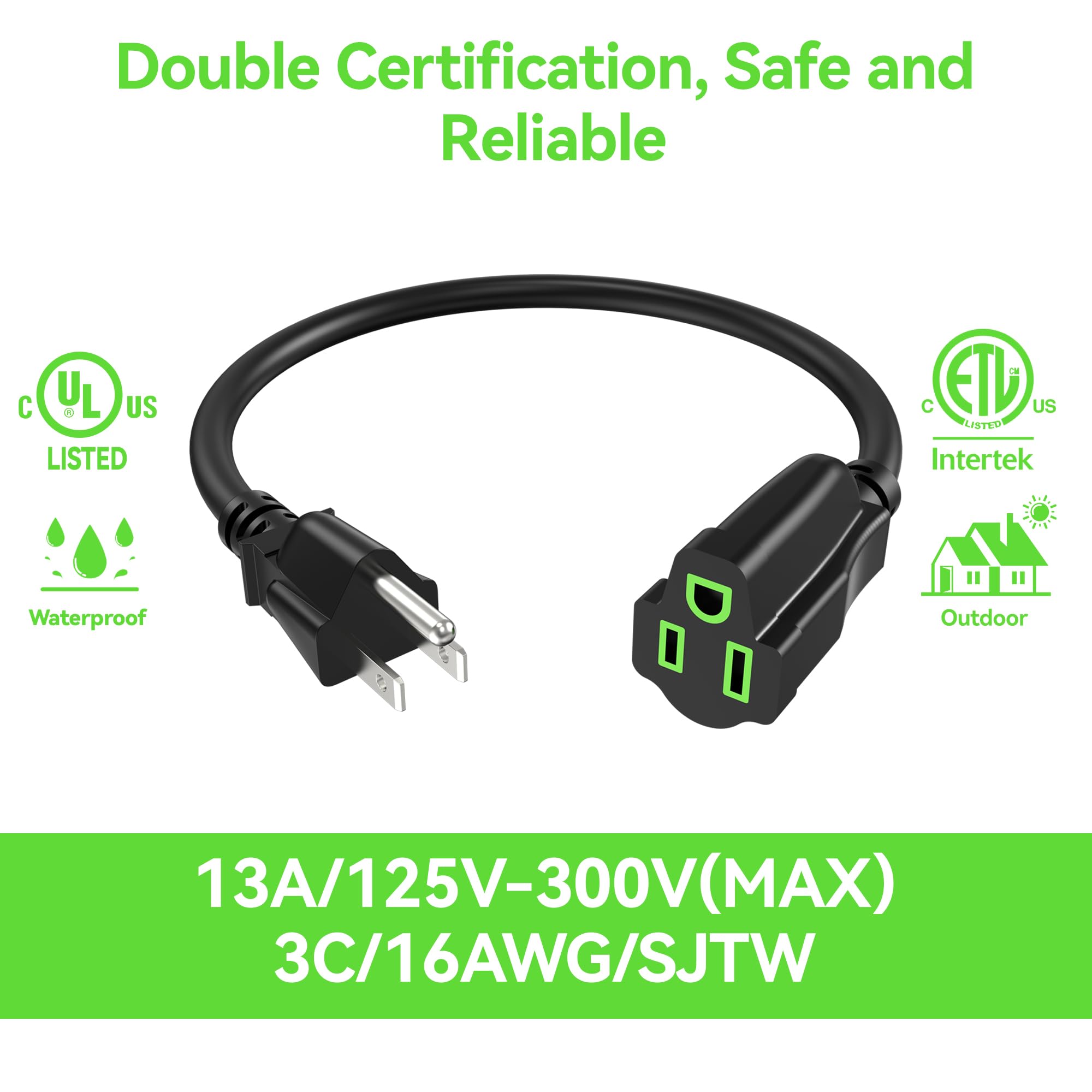 Power Extension Cord 1.5Ft/18Inch(2 Pack), Short 3 Prong Electric Extension Cable Outlet Saver, Single Outlet, Heavy Duty, Water