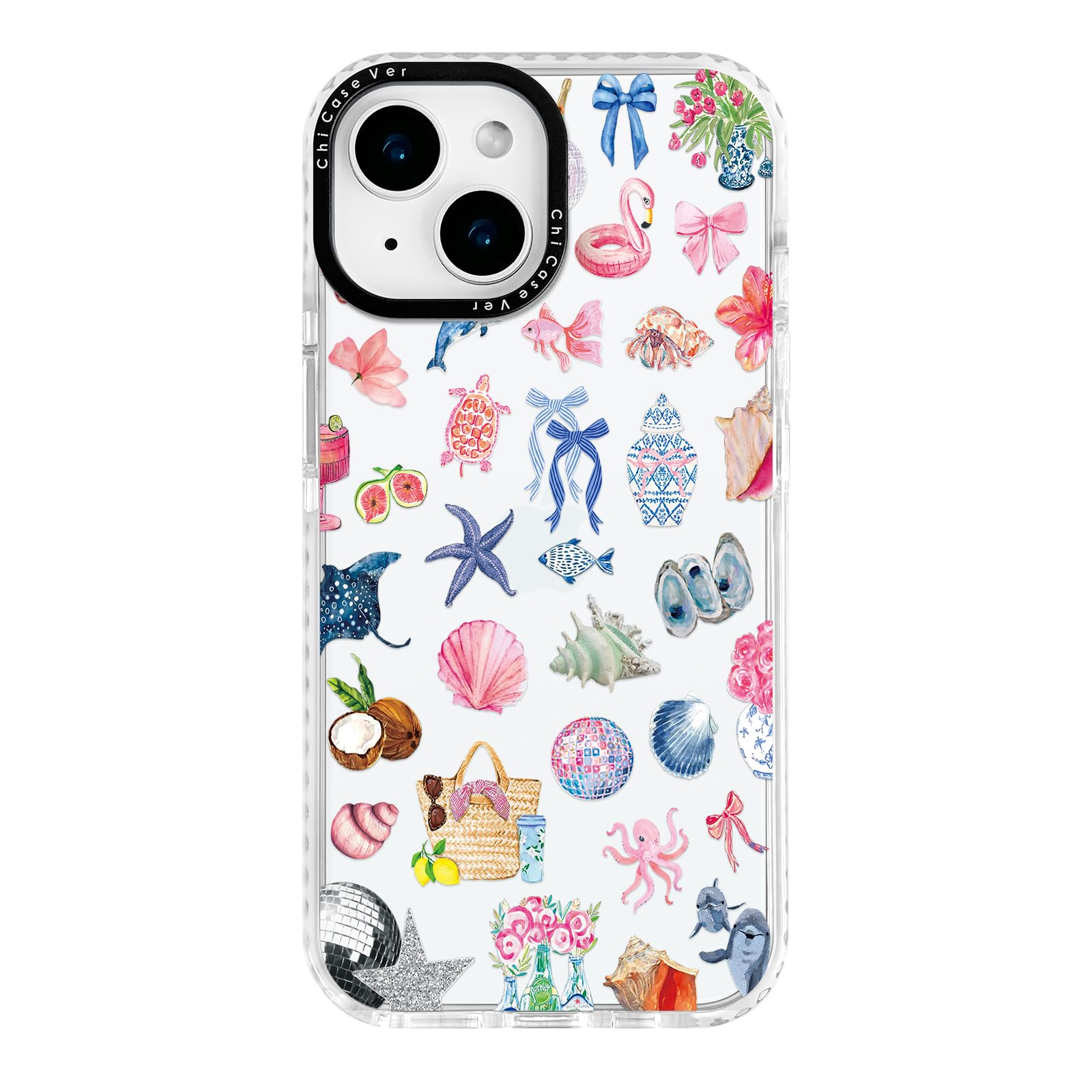ChiCaseVer for iPhone 13 Case, Tropical Beach Collage Pattern with Flamingos, Military-Grade Drop Protection, Colorful Summery S