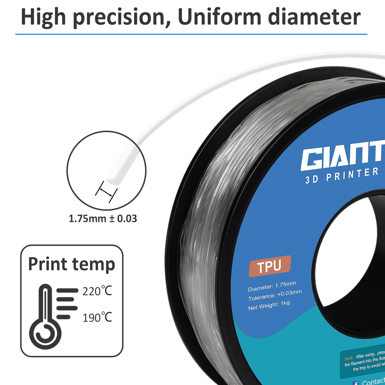 Giantarm Tpu Filament, 95A Tpu Filament 1.75Mm, Dimensional Accuracy +/  0.03, Flexible Soft 3D Printer Filament 1Kg Spool(2.2 L