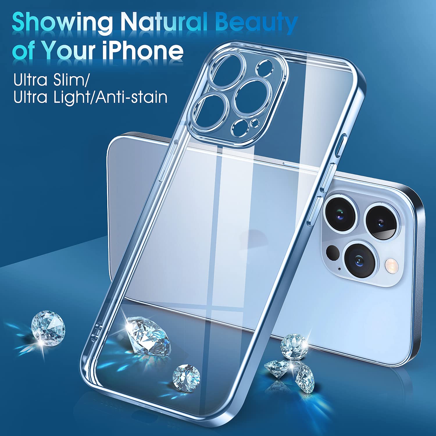 Supdeal Crystal Clear Phone Case iPhone 13 Pro Military Drop Tested Anti-Yellowing Camera Protection Silicone Blue 6.1 inch