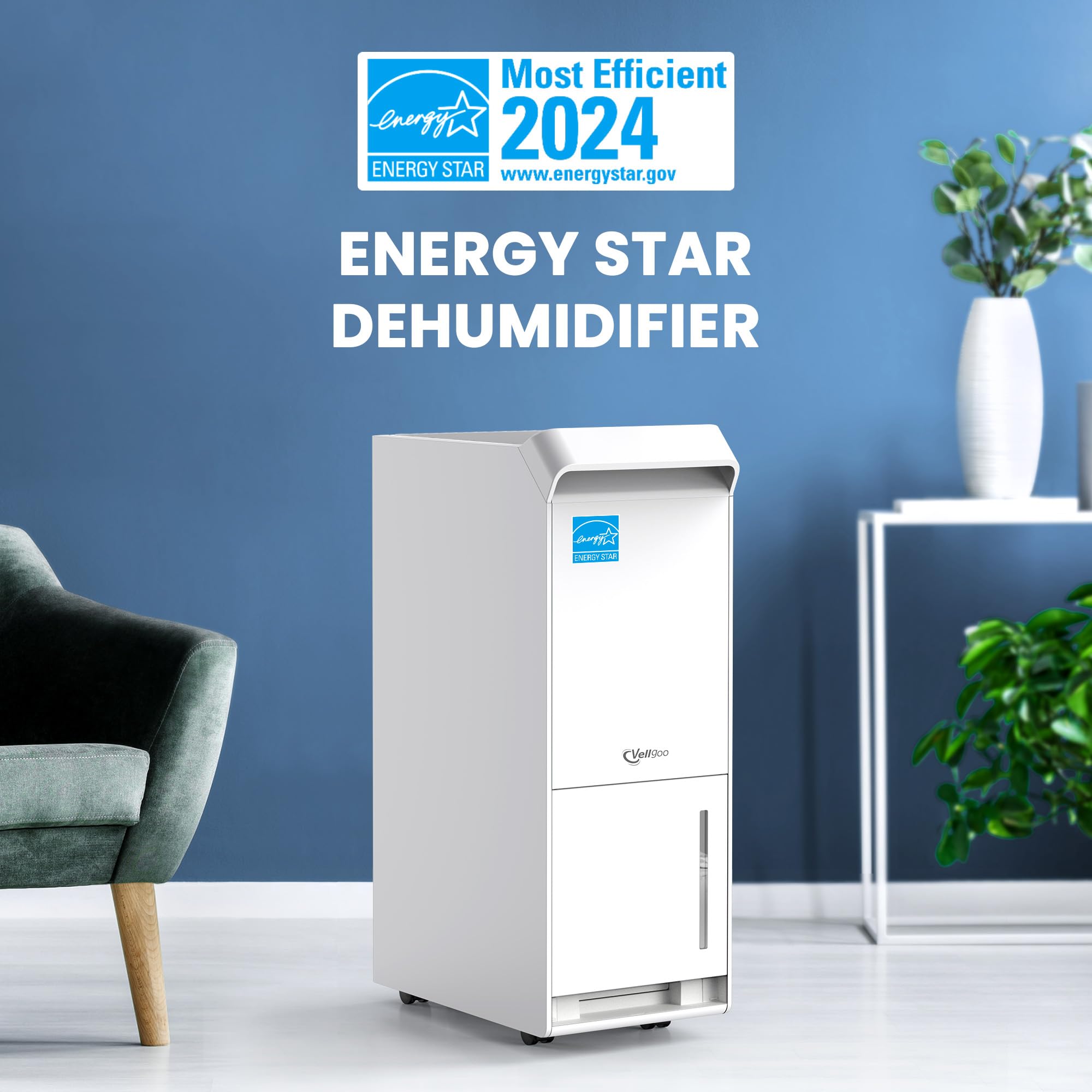 Vellgoo DryTank Dehumidifier, 52 Pint, 4,500 Sq.Ft, Energy Star, White, Intelligent Humidity Control