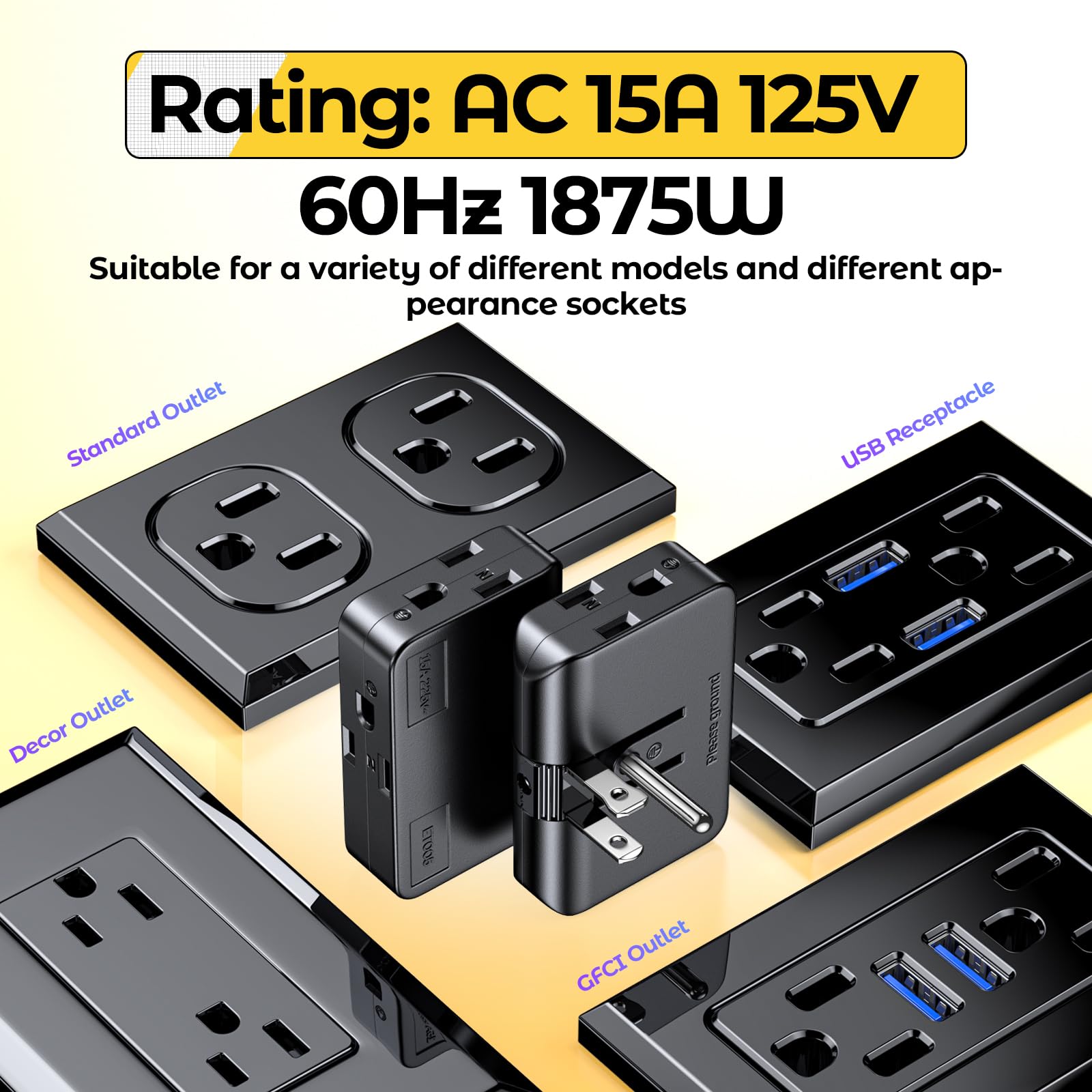 Etwincoo Outlet Adapter,2 Prong To 3 Prong Outlet Adapter, 3 Prong To 2 Prong Adapter Converter,Flat Wall Plug, Swivel Polarized