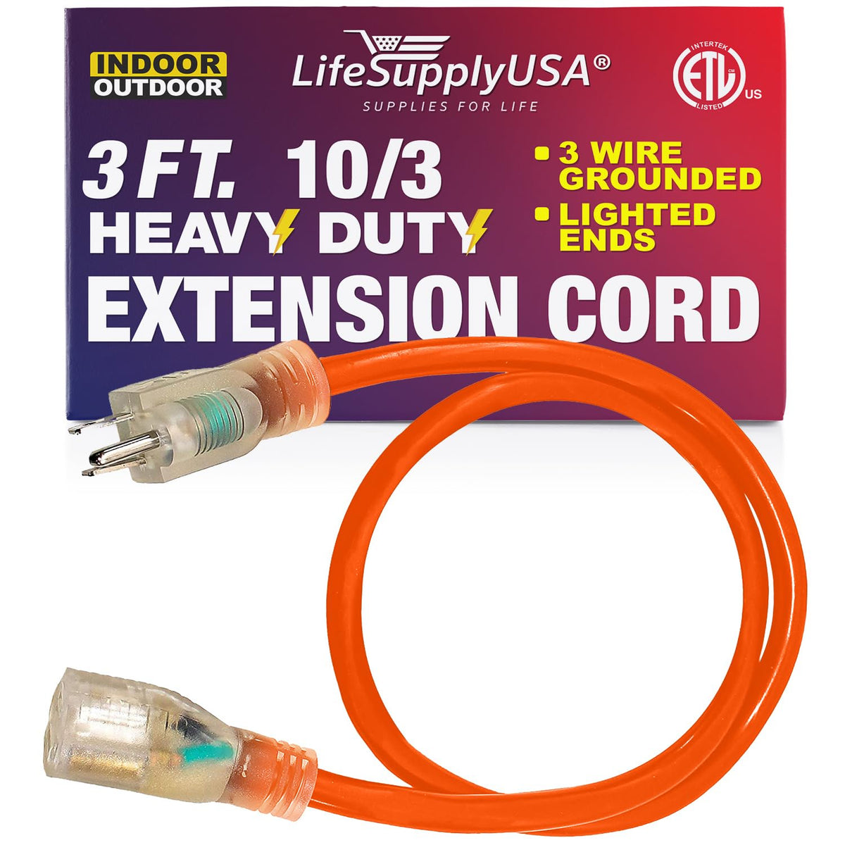 3 Ft Power Extension Cord Outdoor & Indoor Heavy Duty 10 Gauge/3 Prong Sjtw (Orange) Lighted End Extra Durability 15 Amp 125 Vol