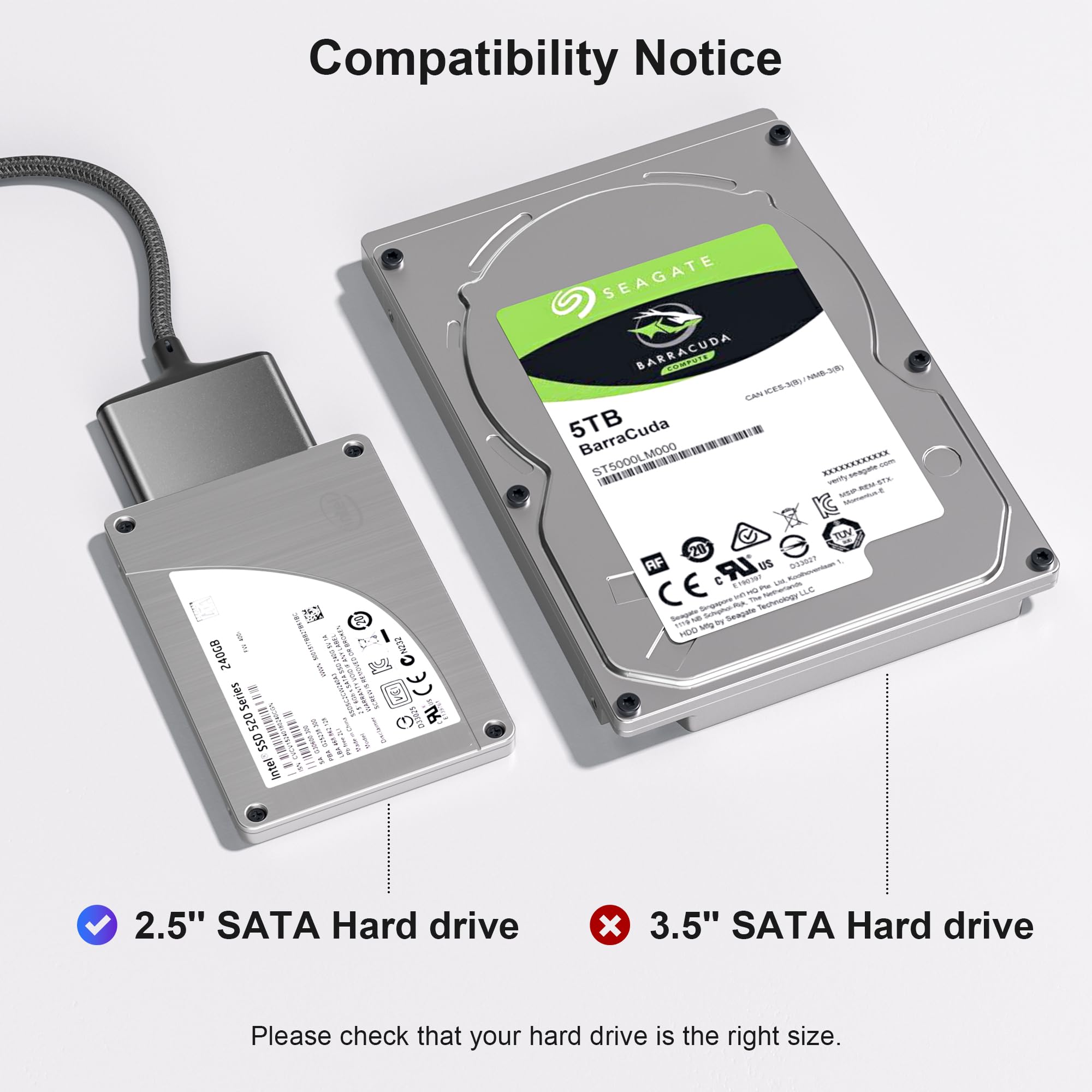 Basesailor Sata To Usb Adapter Cable With Usb C To Usb Adapter,Usb A 3.0 To 2.5'' Sata Iii Hard Drive Reader For Hdd/Ssd Externa
