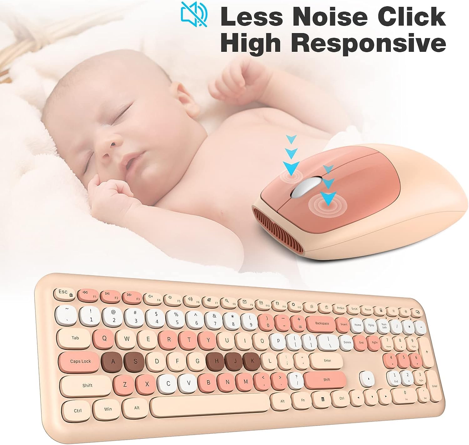 Knowsqt Wireless Keyboard And Mouse Combo, Pale Milktea Full Sized 2.4G Silent Keycap Colorful Keyboards, Usb Dongle Plug Play,