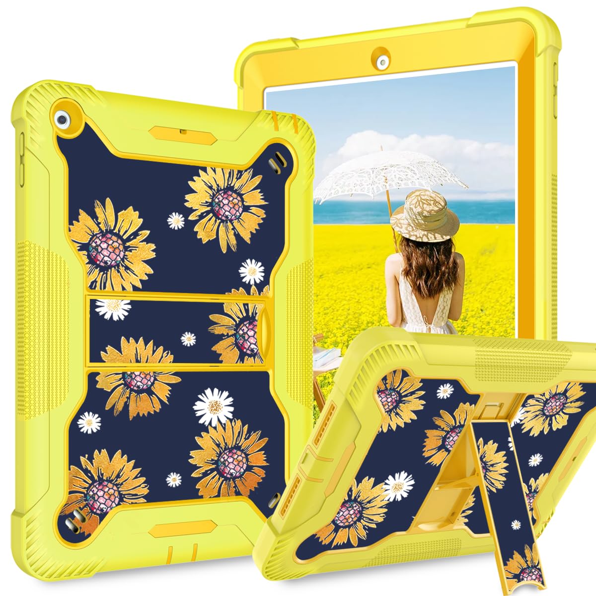 Fingic Ipad 5Th/6Th Generation Case 2017/2018,Ipad 9.7 Inch Case,Floral Sunflower With Kickstand 3 In 1 Heavy Duty Rugged Bumper