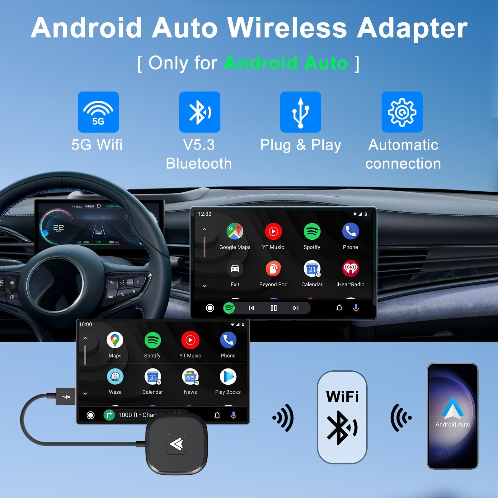 Android Auto Wireless Adapter For Wired Cars - Converts To Wireless, Easy Setup, Plug & Play, Seamless Connection, Stable And Fa