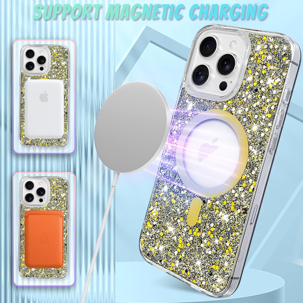 Bonoma For Iphone 16 Pro Max Case, Gold Glitter Bling Back, Magnetic Support For Magsafe Shockproof Case, Crystal And Clear High