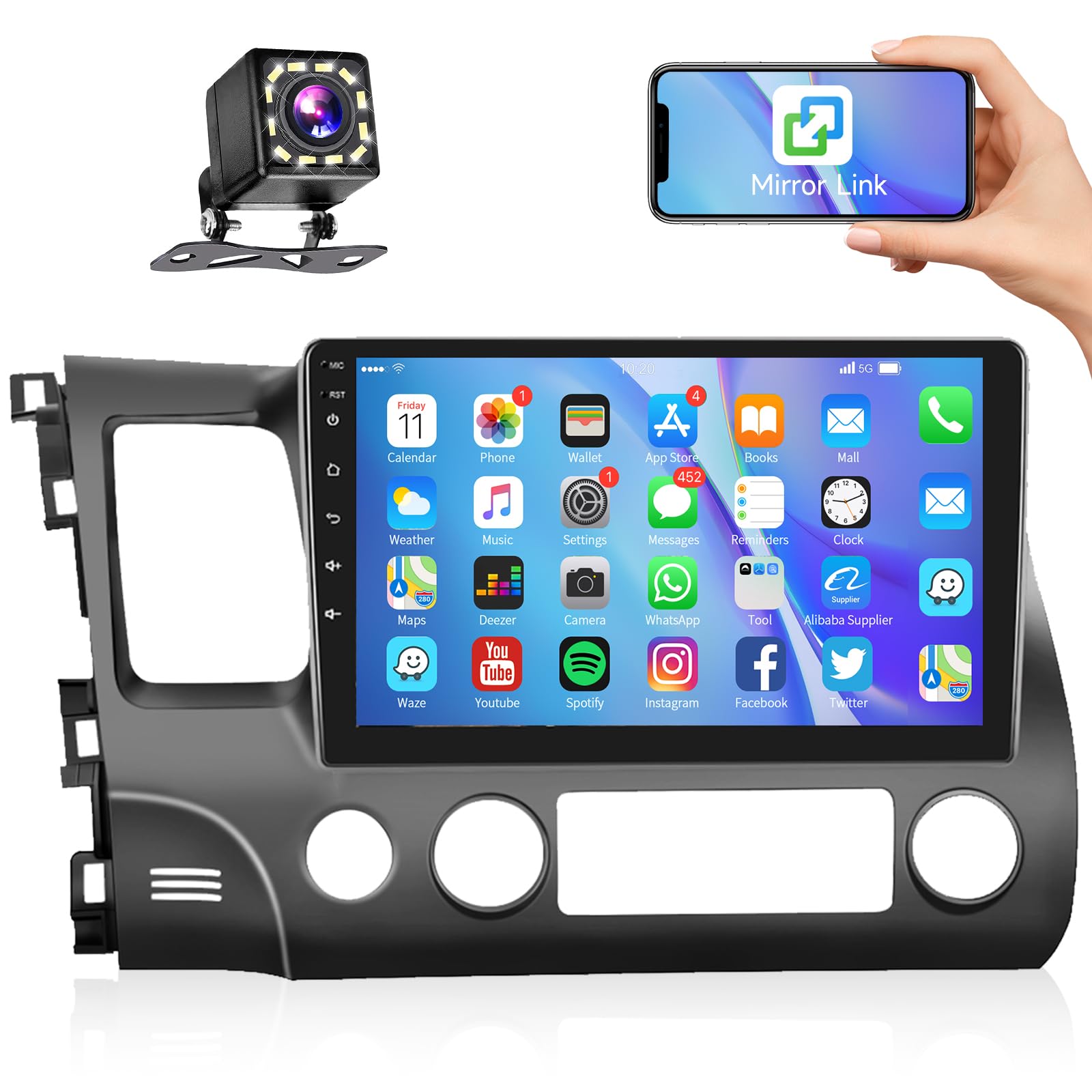 Podofo For Honda Civic 2006 2007 2008 2009 2010 2011 Car Stereo Radio With Gps Navigation 10.1 Inch Hd Ips Touch Screen Bluetooth Car Radio Support Mirror Link Wifi Backup Camera Mic