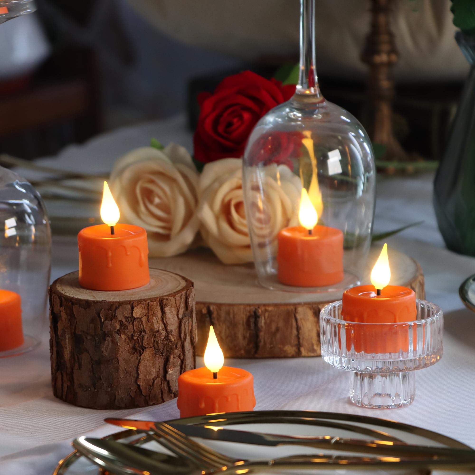 Freepower Orange Halloween Candles,Rechargeable Flameless Candles With Remote Timer, Soft 3D Wick Led Tealights Candles, Recharg