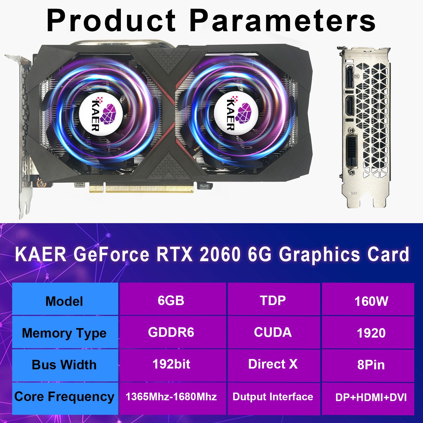 Kaer Gaming Geforce Rtx 2060 6Gb Gdrr6 192 Bit Hdmi/Dp/Dvi 1680Mhz Dual Fans Ray Tracing Graphics Card