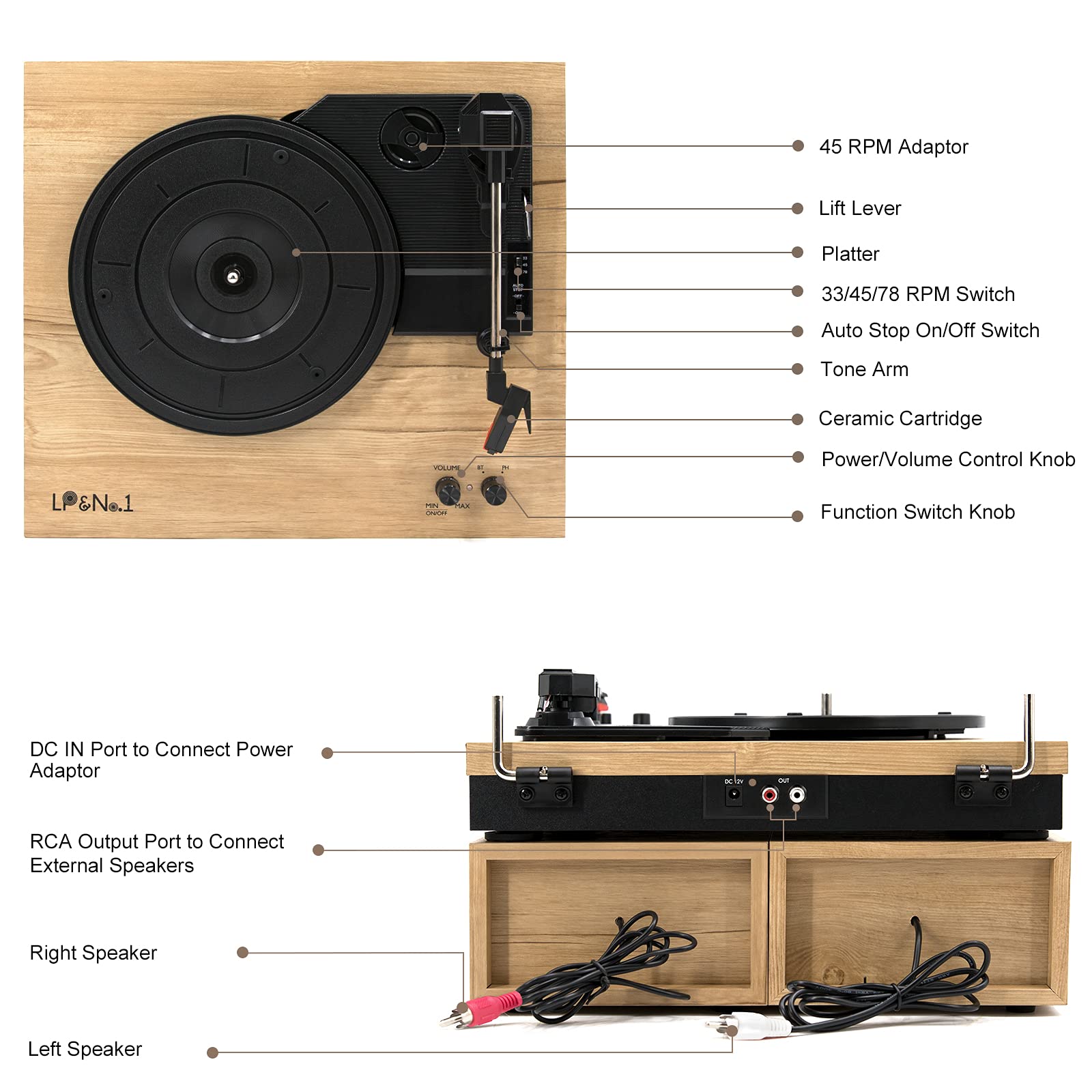 Lp&No.1 Wireless Turntable With Stereo Bookshelf Speakers, 3 Speed Vintage Belt Drive Turntable With Wireless Playback & Auto St
