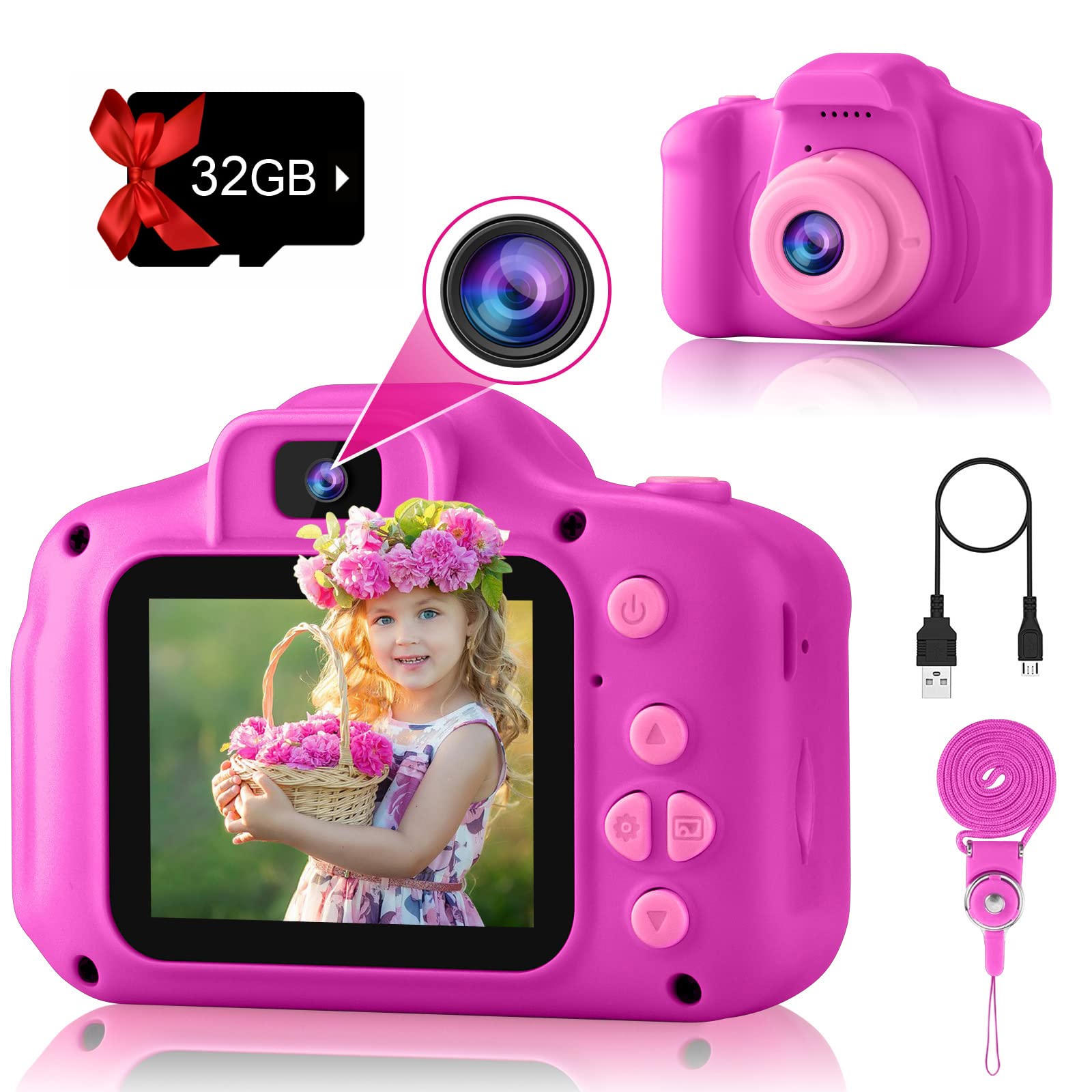 PROGRACE Kids Camera Girls Gift - Dual Selfie Kids Digital Camera Age 3 4 5 6 7 8 9 Year Old Children Camera Toys Christmas Birt