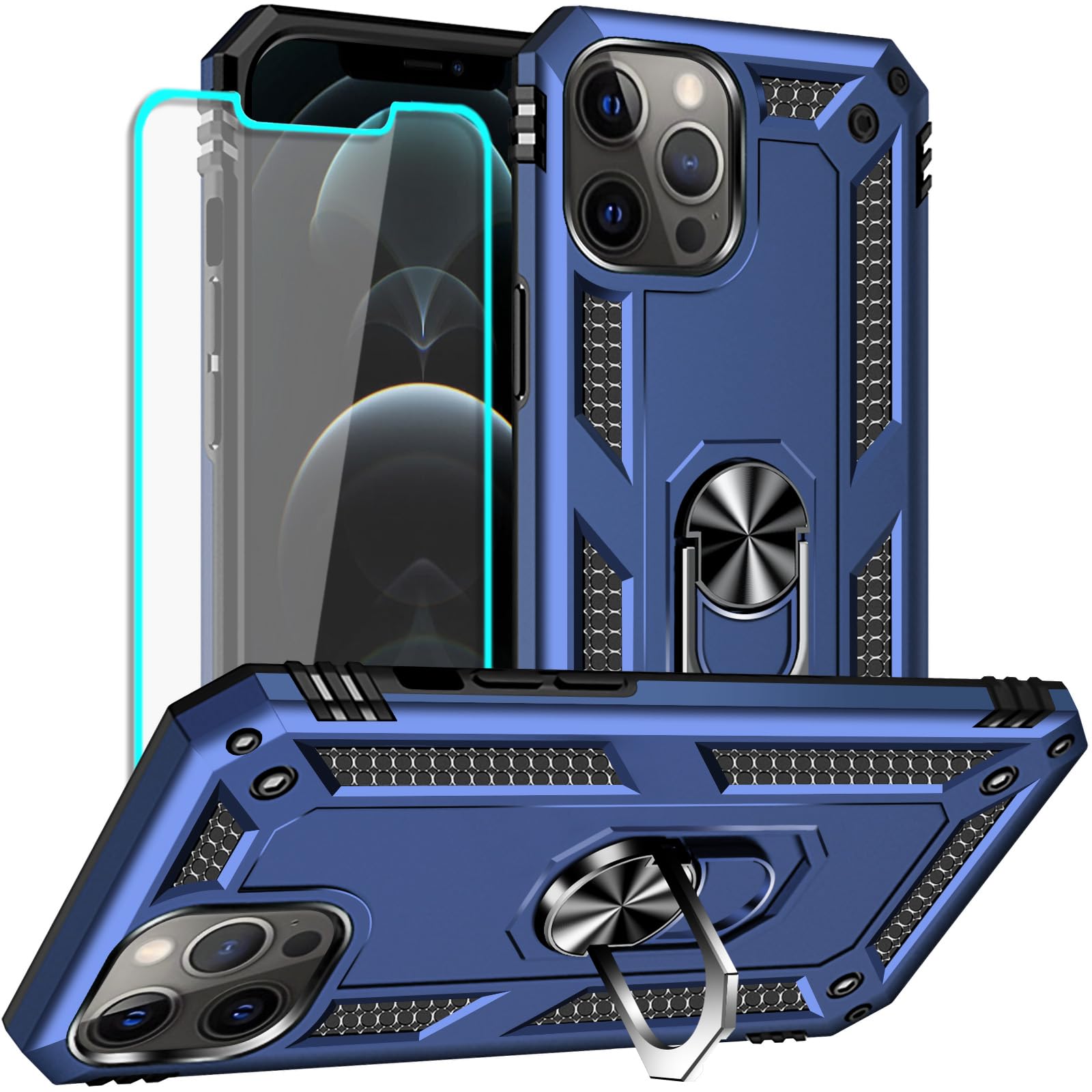 Yiakeng for iPhone 12 Pro Max Case: with Screen Protector - Military Grade Protective Cases with Finger Ring Holder Kickstand fo