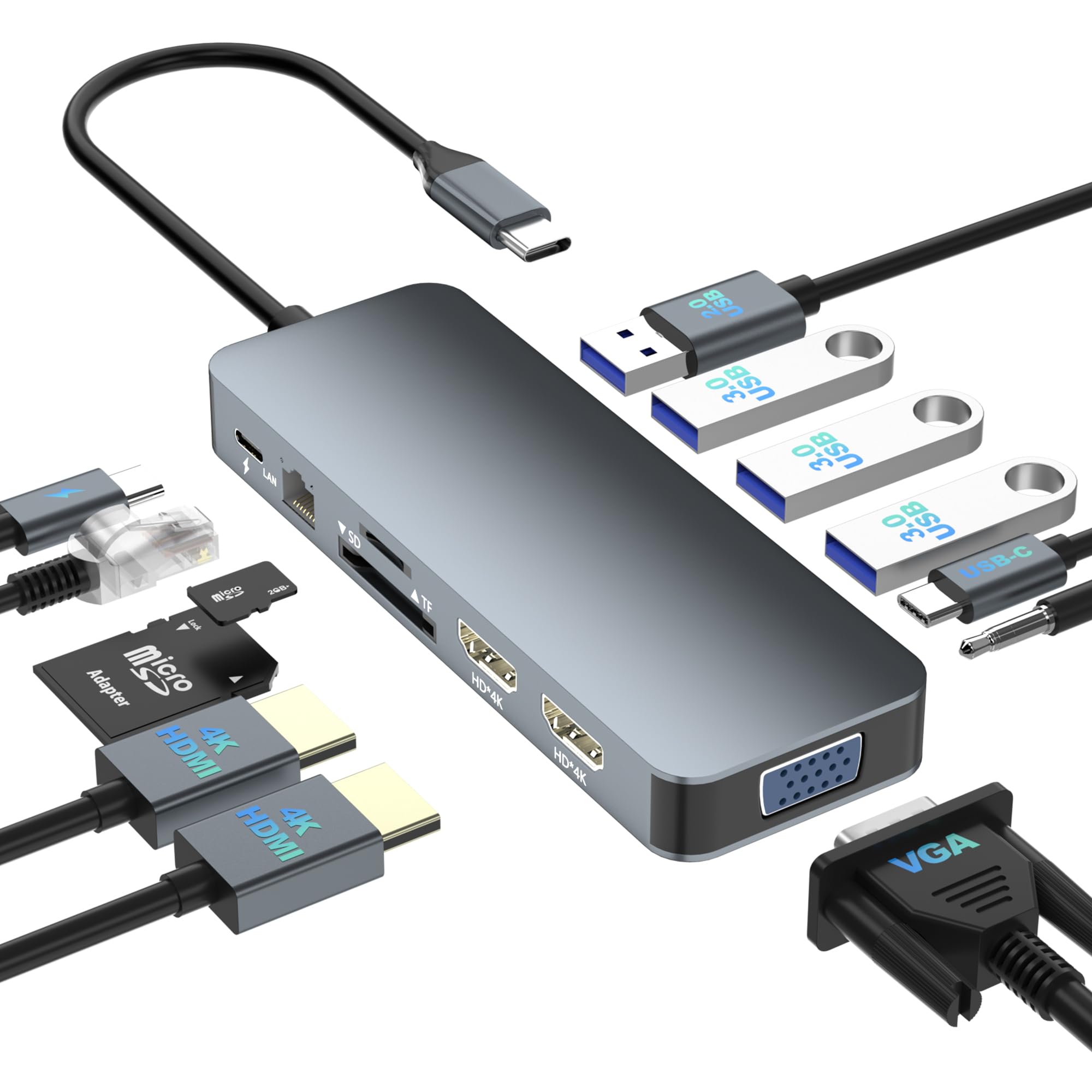 Docking Station Dual Monitor For Dell/Hp/Lenovo/Surface Laptop, Dual Hdmi Adapter For 2 Monitors, Laptop Docking Station Dual Mo