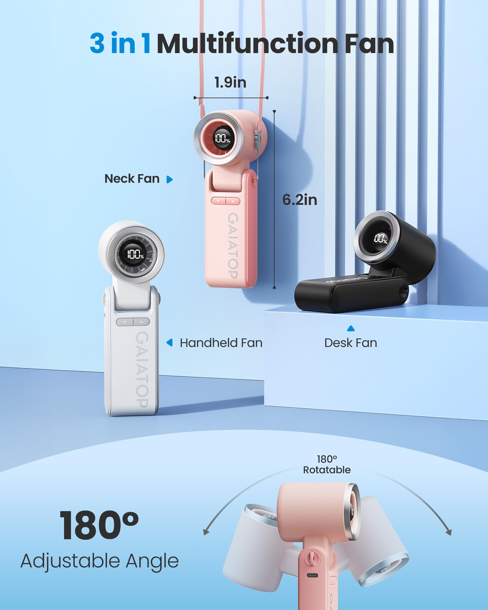 Gaiatop Portable Handheld Mini Fan, 21 Working Hours 6 Speeds, Rechargeable Battery Operated, 180 Foldable With Led Display, Sma