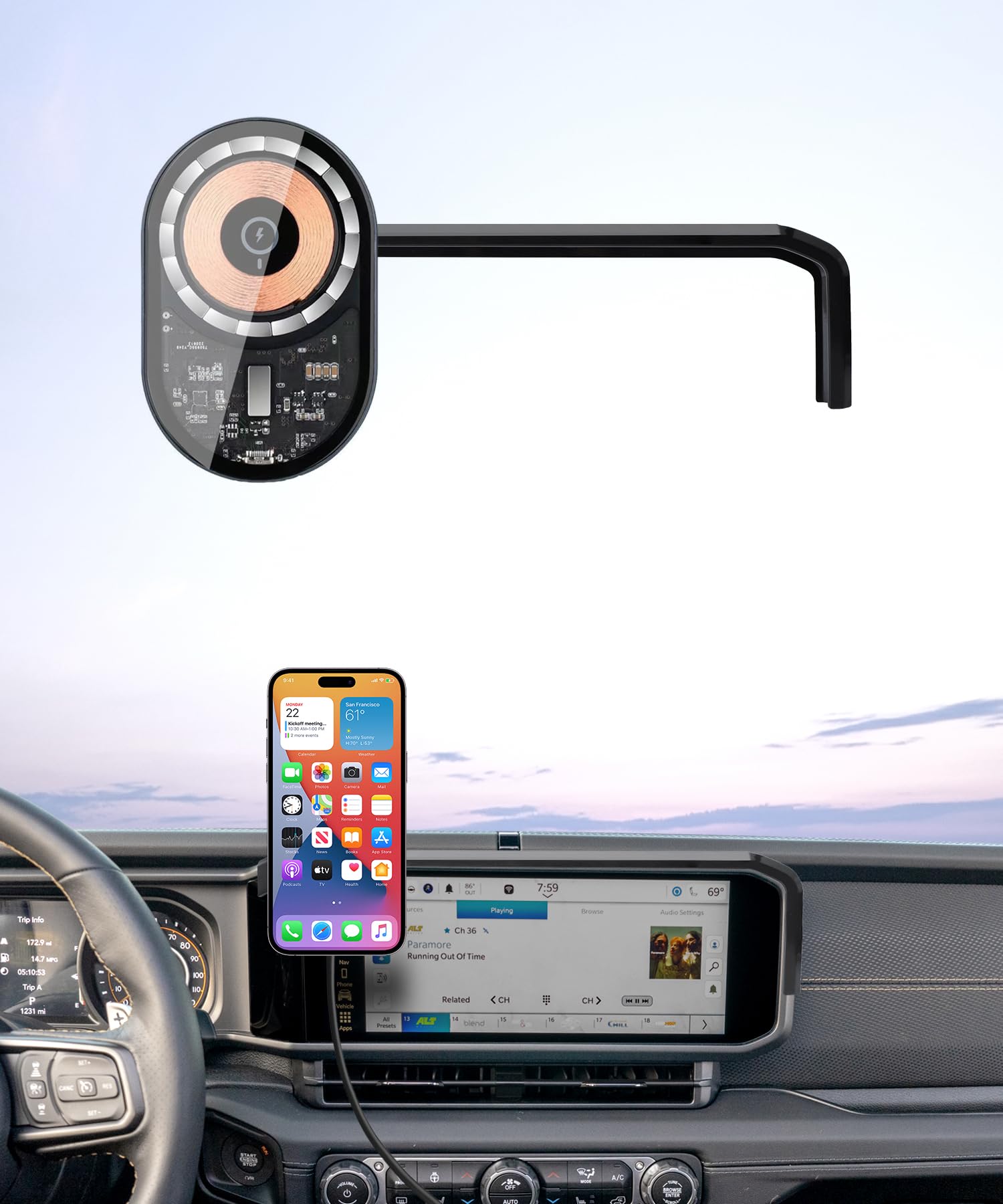 Masergogo Wireless Charging Car Phone Holder For Jeep Wrangler/Wrangler 4Xe / Gladiator 2024 2025 Accessories 12.3 Inch Screen F