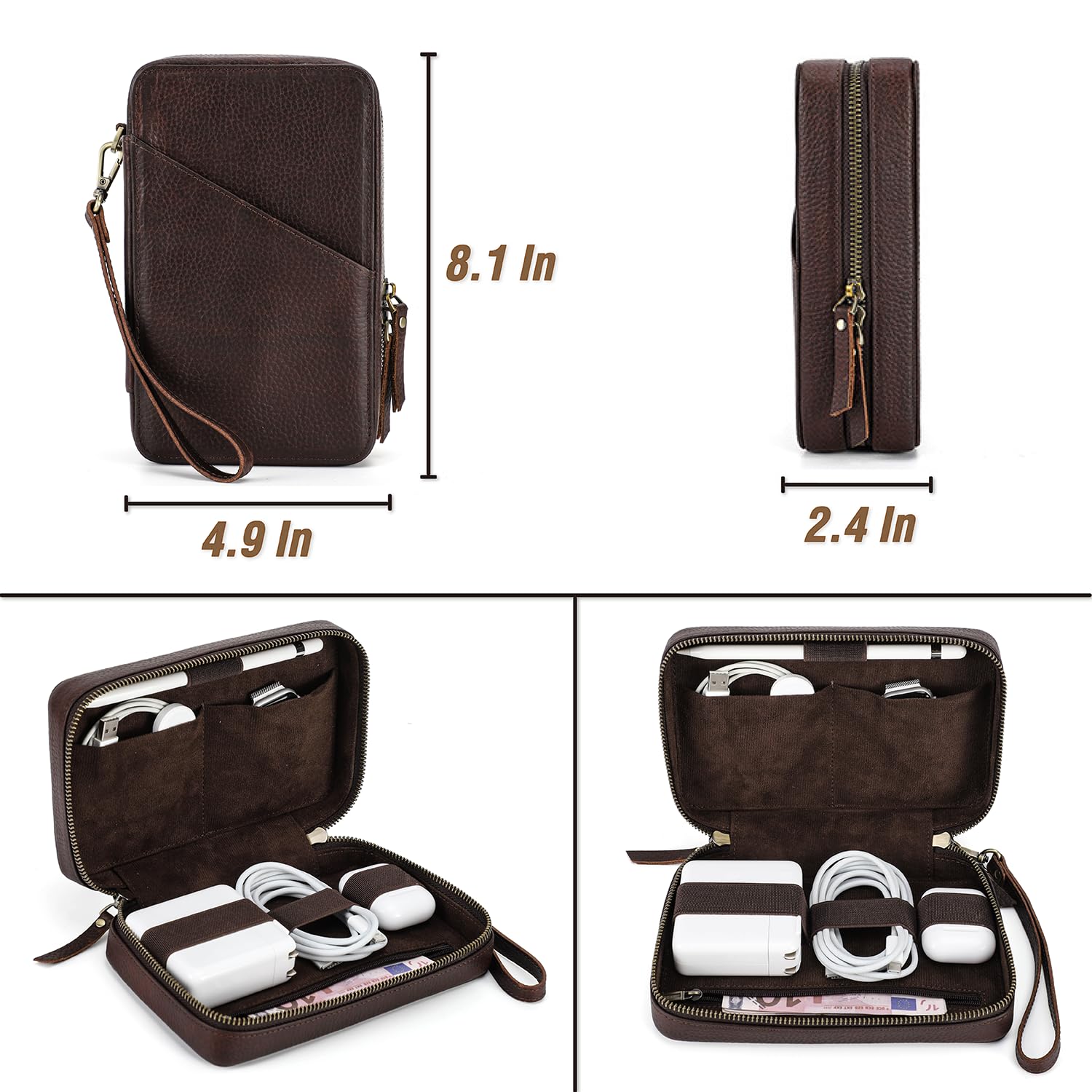 Catapurus Electronic Organizer Case Tech Kit, Top Grain Leather Handmade, Portable Compact Travel Electronic Accessories Storage