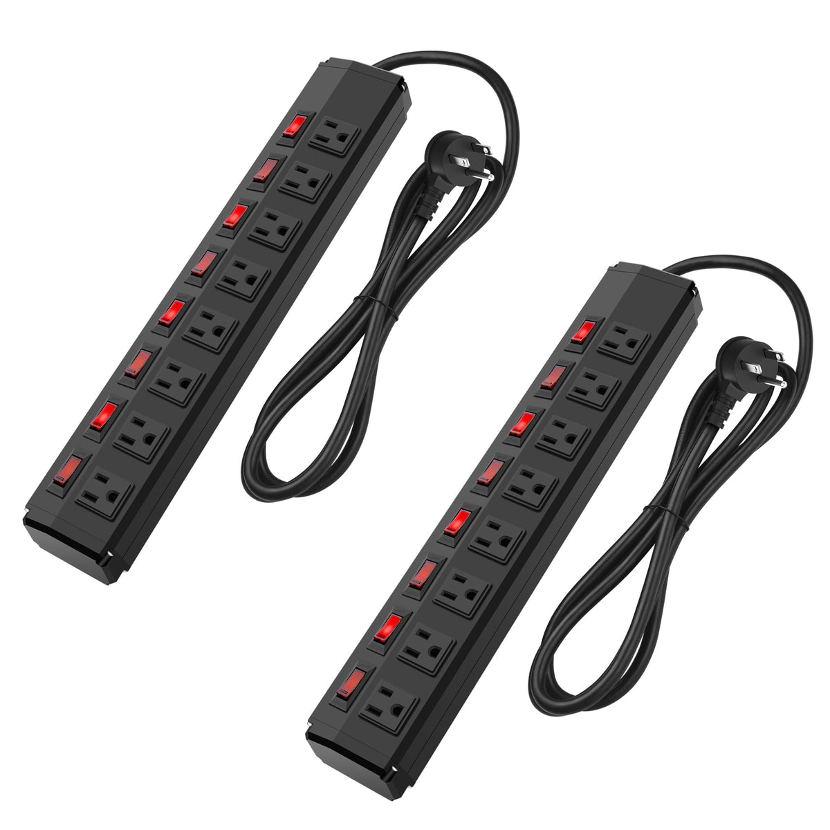 2Pcs 8 Outlet Heavy Duty Power Strip With 8 Individual Switches,Moutable Metal Power Strip Surge Protector 1200 Joules,6Ft 14Awg