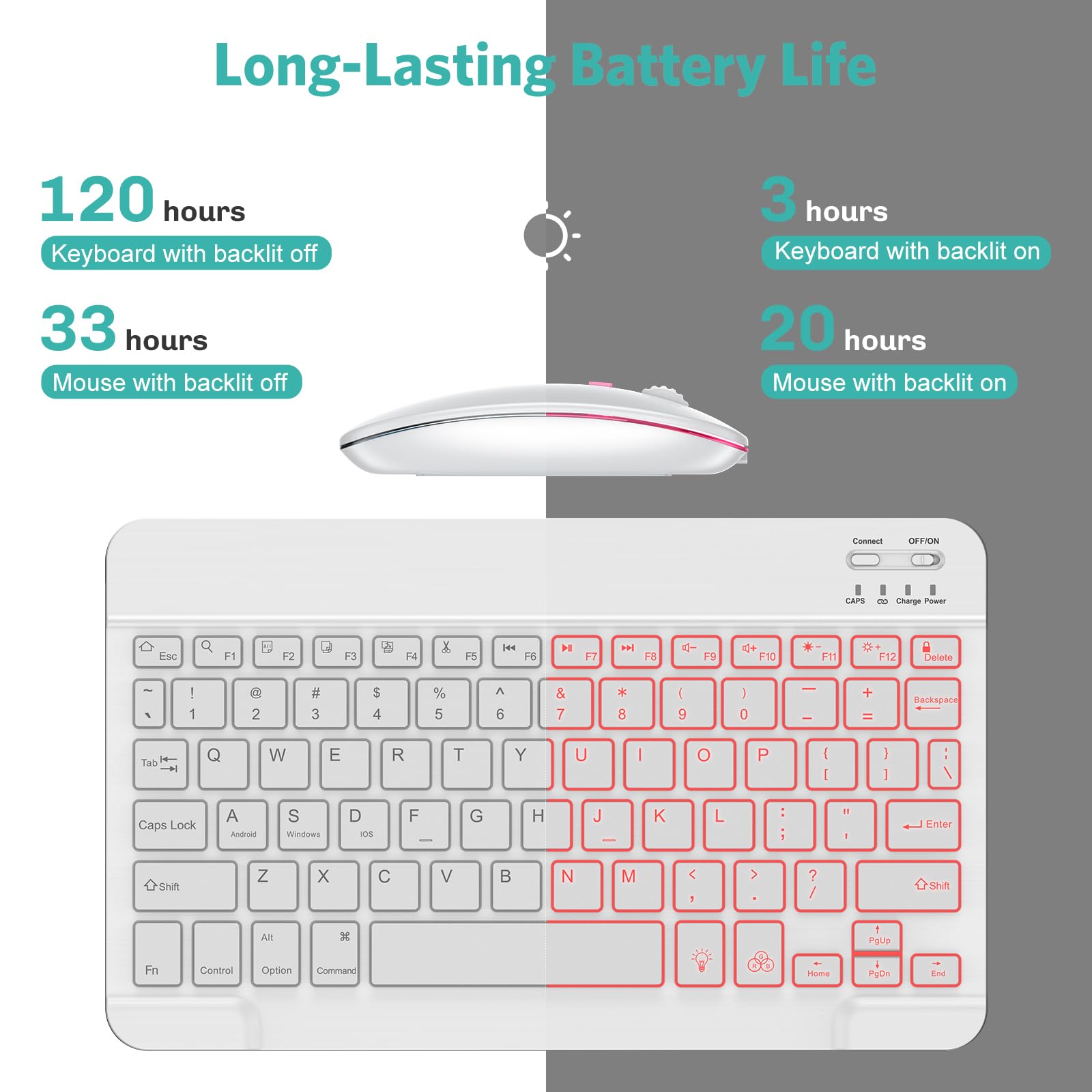 Tecurs Bluetooth Keyboard And Mouse Combo For Ipad, 7 Color Backlit Rechargeable Wireless Keyboard & Mouse Compatible With Ipad