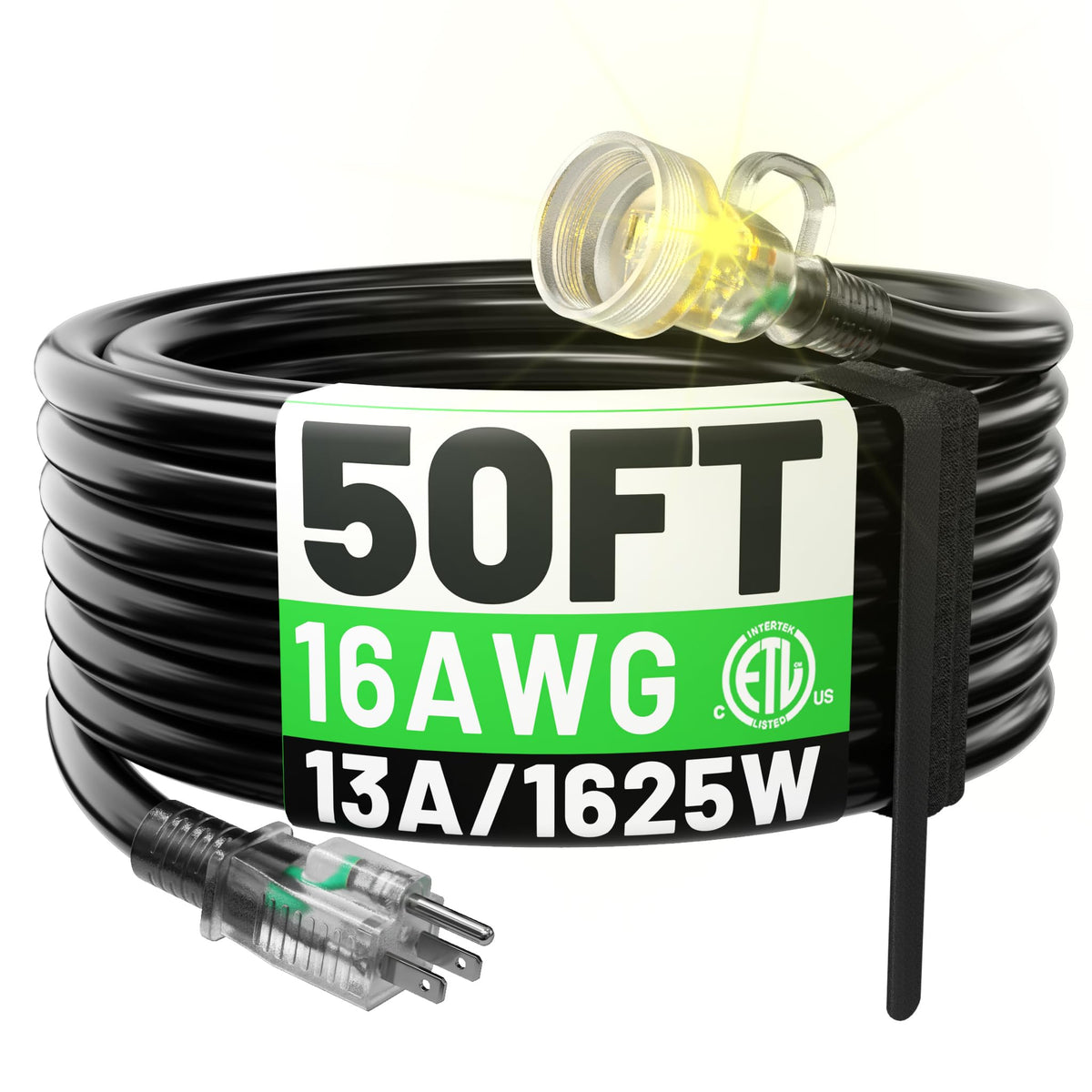 Powgrn 50Ft 16 Gauge Black Outdoor Extension Cord Waterproof, 3 Prong Flexible Cold Weatherproof  58? Heavy Duty Extension Cord,