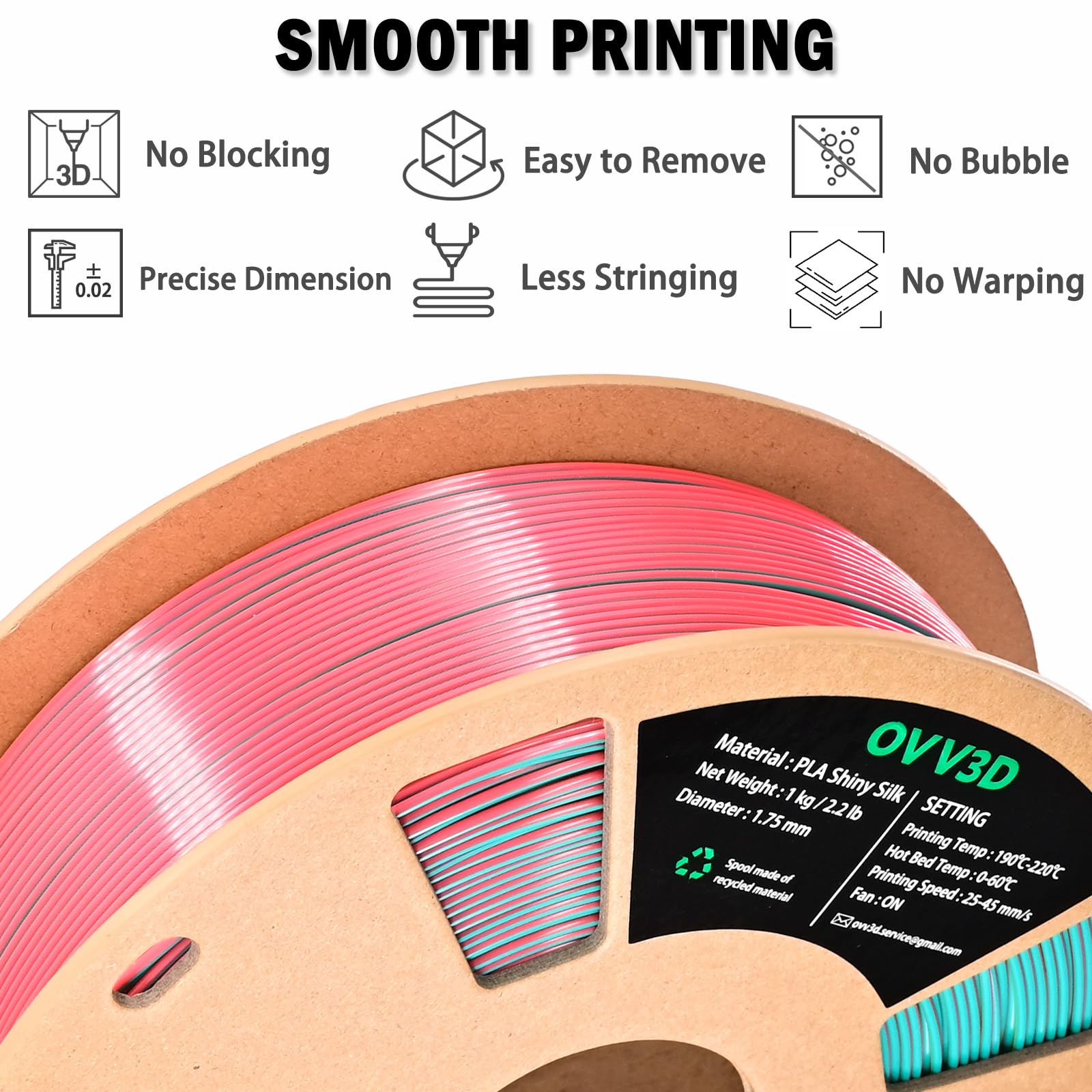 Ovv3D Pla Filament 1.75Mm Tri Colors, 3D Printer Filament Silk Pla Filament, Rainbow Pla Filament With Silk Pla Sky Blue, Pink A