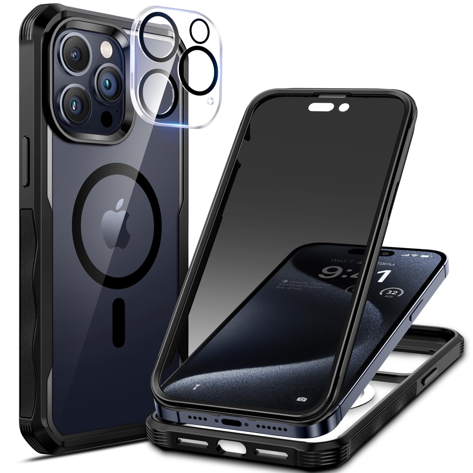 seacosmo for iPhone 15 Pro Max Case, Full Body Bumper with Built-in 9H Tempered Glass Privacy Screen and Camera Lens Protector, 