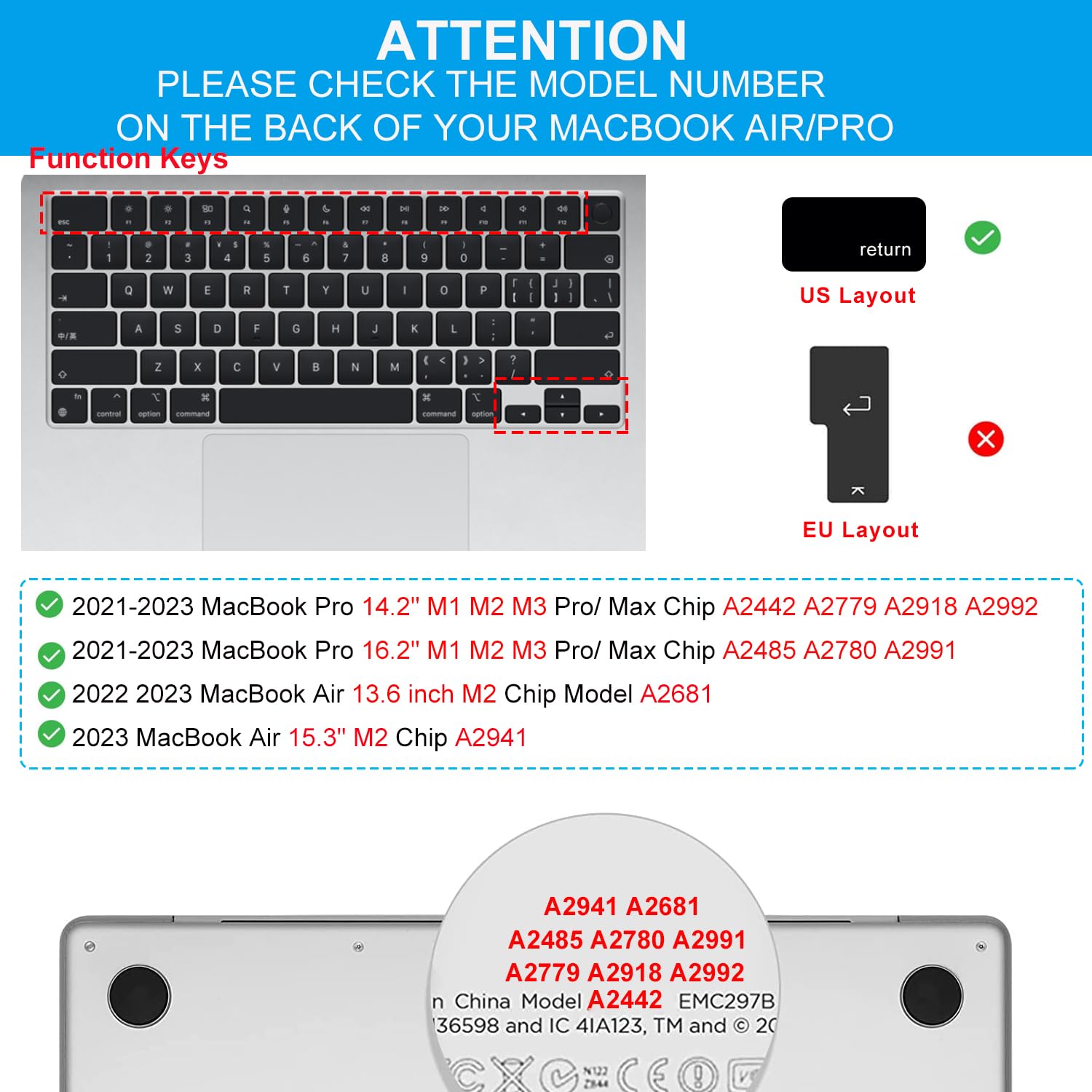 Casebuy Keyboard Cover For Macbook Air 15'' M2 A2941, Macbook Air 13.6'' M2 A2681, 2023 2021 Macbook Pro 14'' 16'' A2442 A2779 A