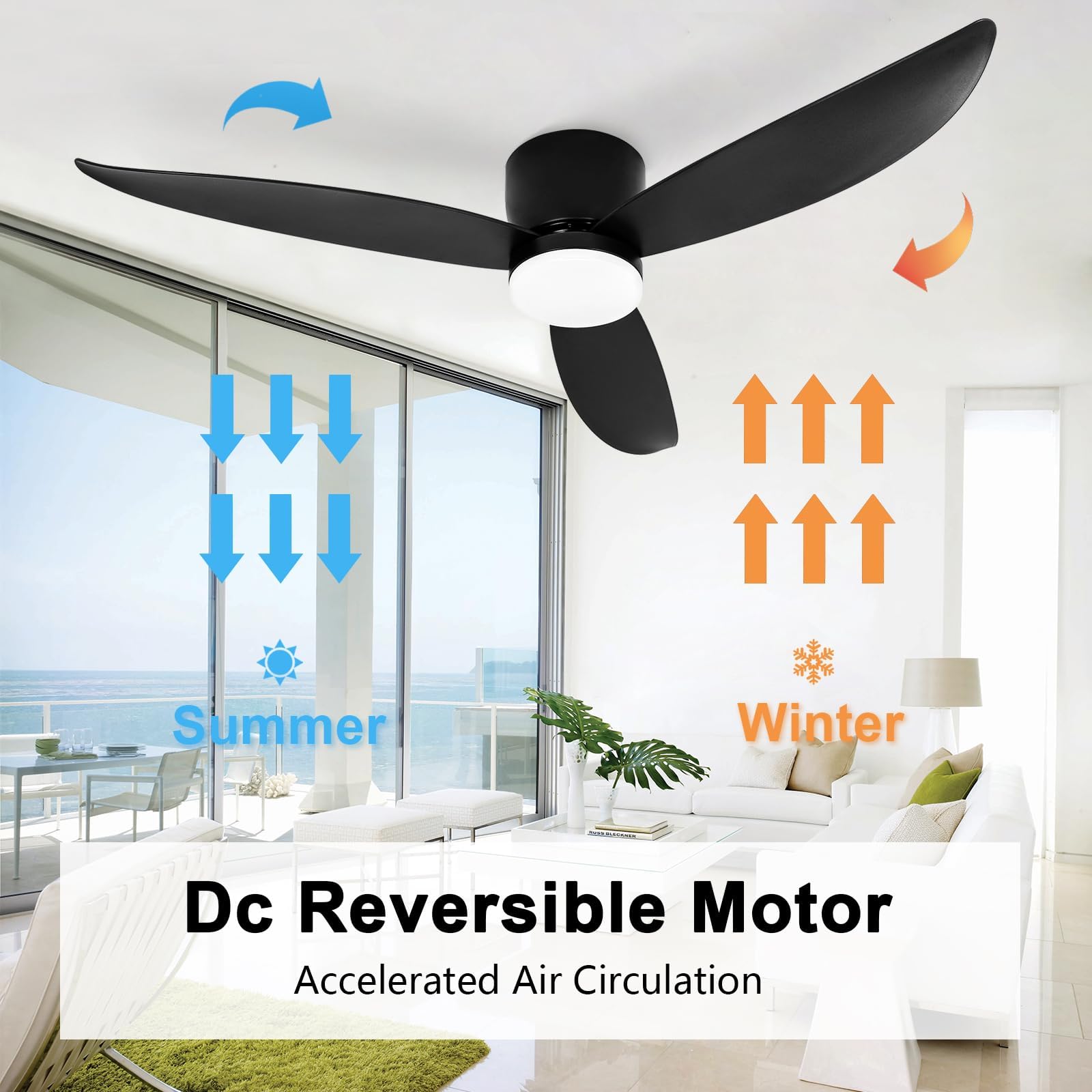 52 Inch Matte Black Low Profile Ceiling Fan With Light,Modern Ceiling Fans With Lights And Remote,Includes Remote Control, Noise